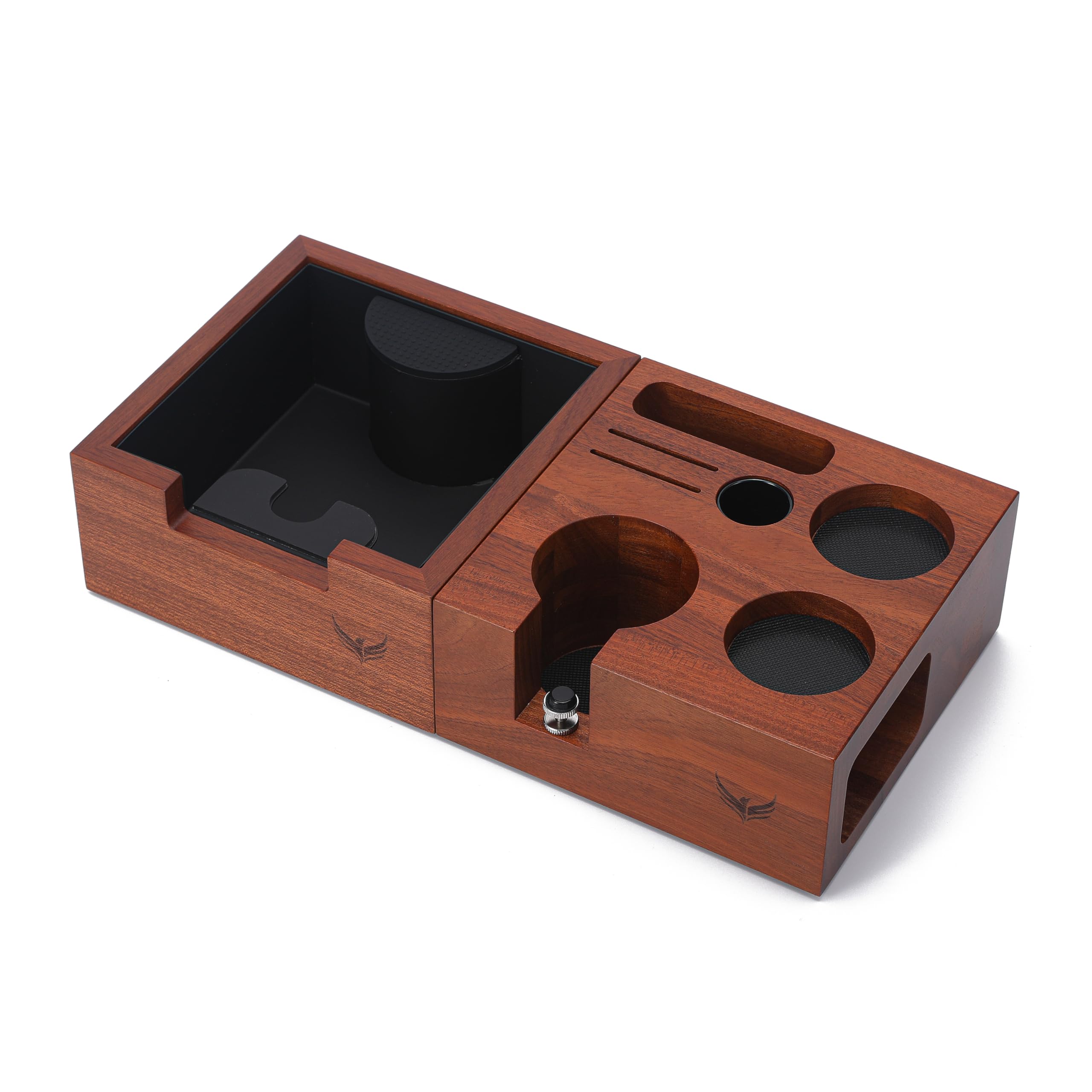 Tamperstation Set 58mm Palisander – 2-teiliger Barista-Organizer mit Siebträgerhalter & Knock Box für E61, Gaggia, Rocket, Lelit, Profitec & ECM