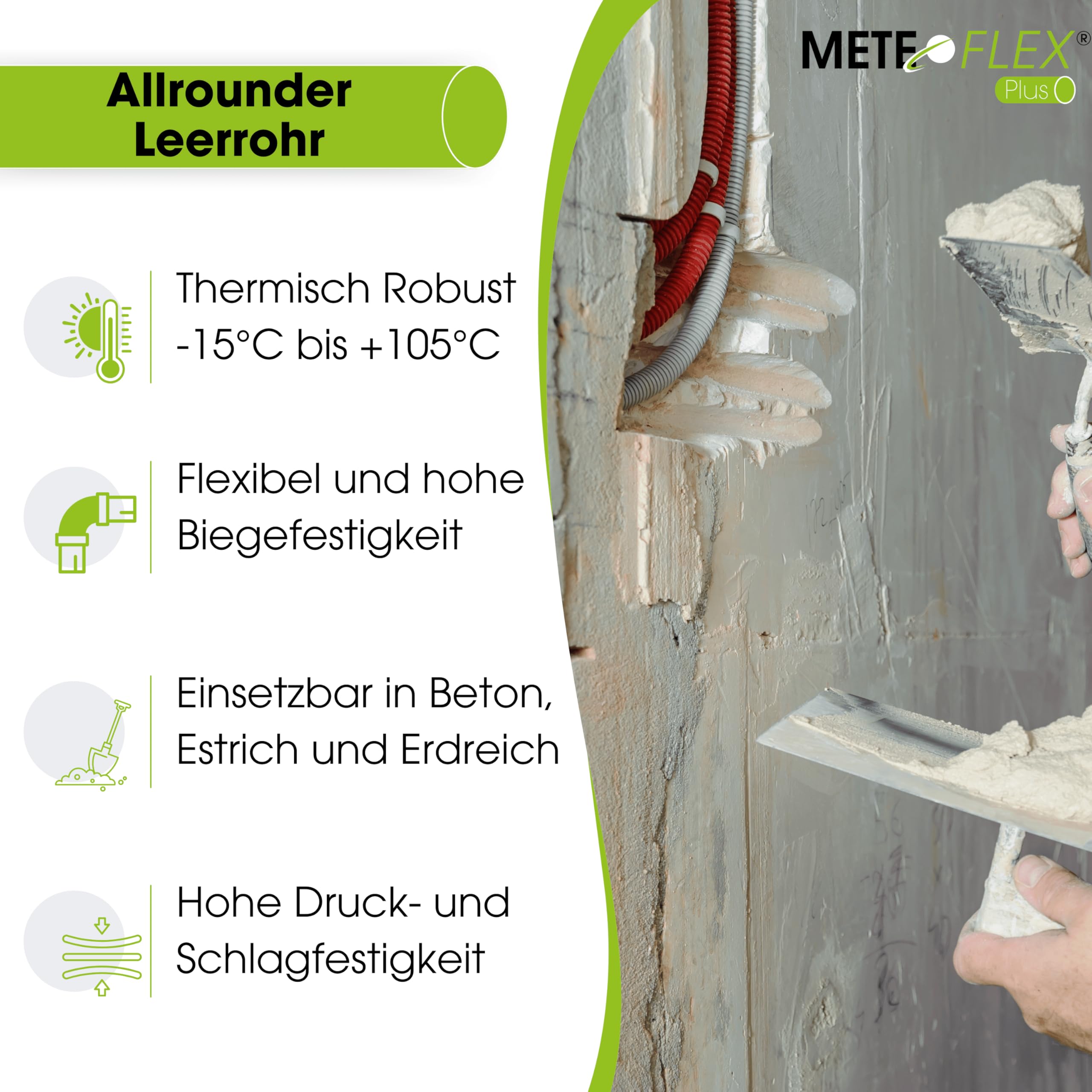 METEOFLEX PLUS Leerrohr 750N M16 / M20 / M25 / M32 / M40 / M50 aus PE-HD - Wellrohr für Erdreich, Erdverlegung, Außenbereich, Beton, etc. - hohe Druck- & Schlagfestigkeit (M25-50m)
