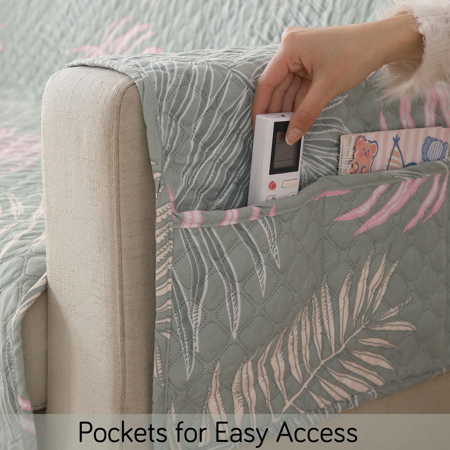 Pastel Green Quilted Sofa Cover with Pockets -4 Pastel Green Quilted Sofa Cover with Pockets -4