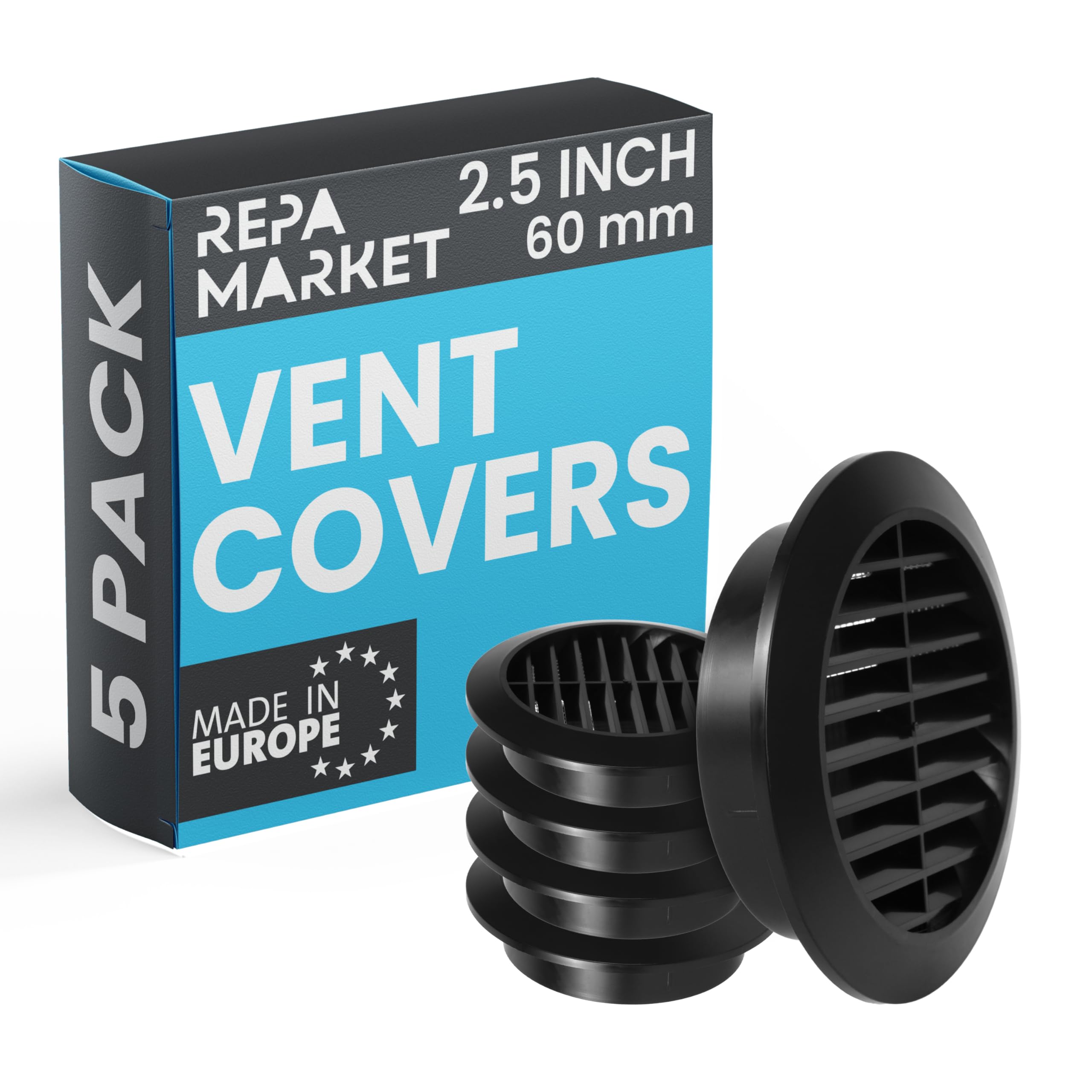Repa Market 60mm Pack of 5 Black Vent Cover with Mesh Screen - Plastic Soffit Ventilation Grill - Louvered Vent for Indoor, Outdoor Wall Ducting - HVAC Louvre Grille for Kitchen, Bathroom