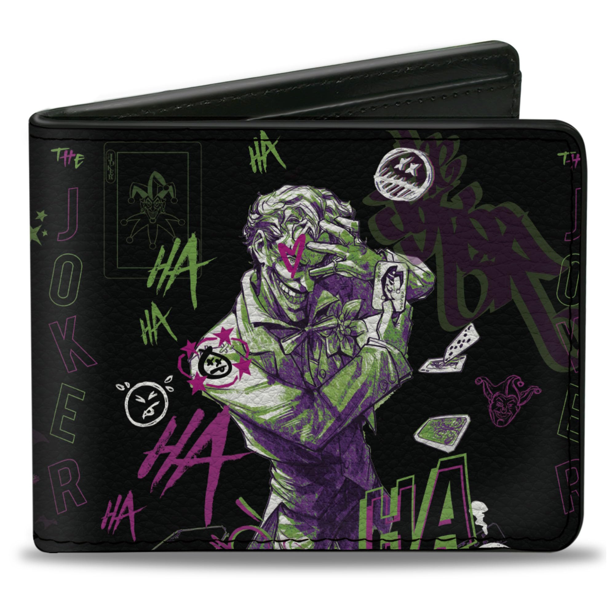 DC Comics Wallet, Bifold, Joker The Clown Prince of Crime Collage Black Multi Neon, Vegan Leather, Black Multi, 4.0" x 3.5", Casual