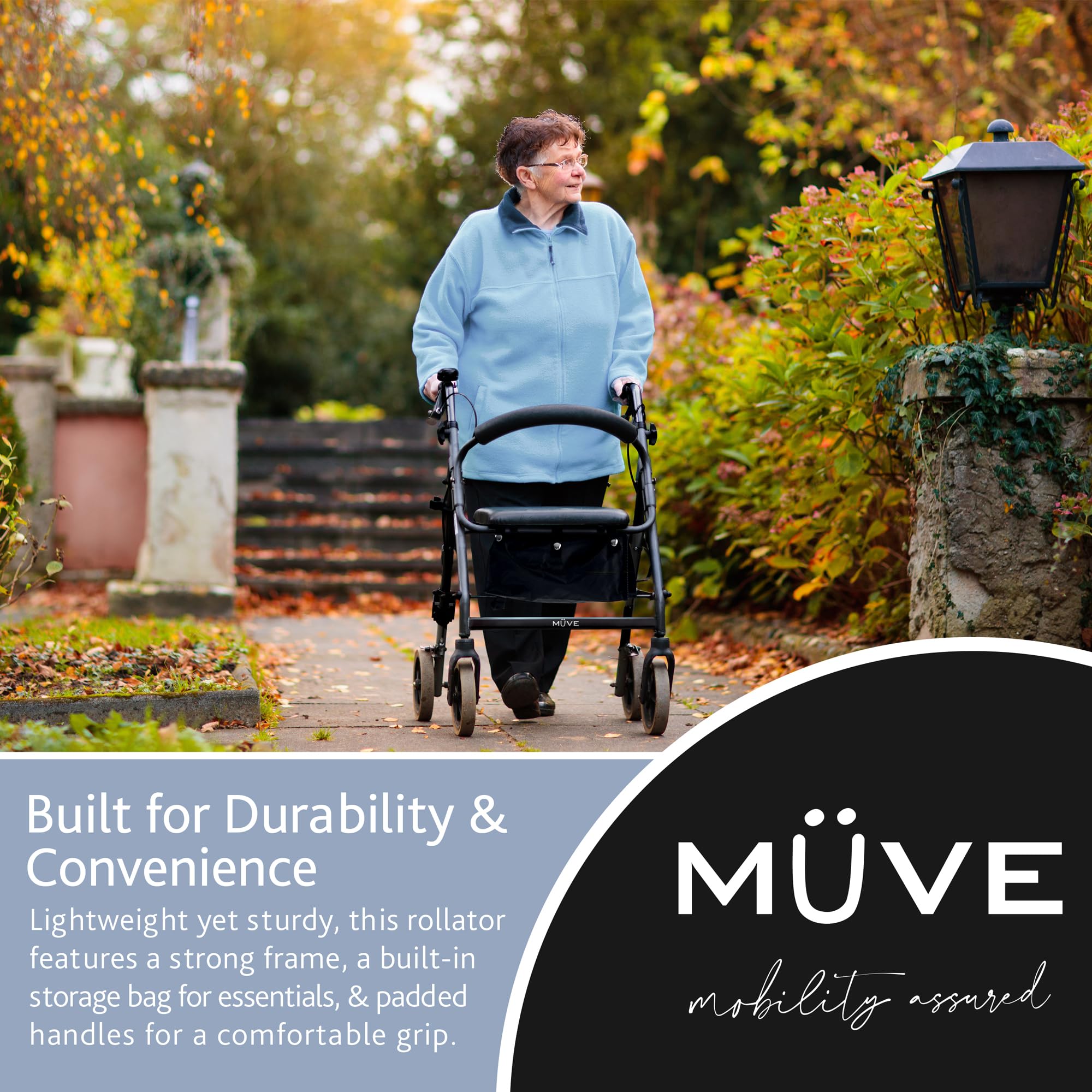 Muve Andador Con Asiento Para Personas Mayores y Discapacitadas - 4 Ruedas Estables, Andador para Exterior e Interior, Frenos de Seguridad, Plegable, Soporte de Movilidad Asistida