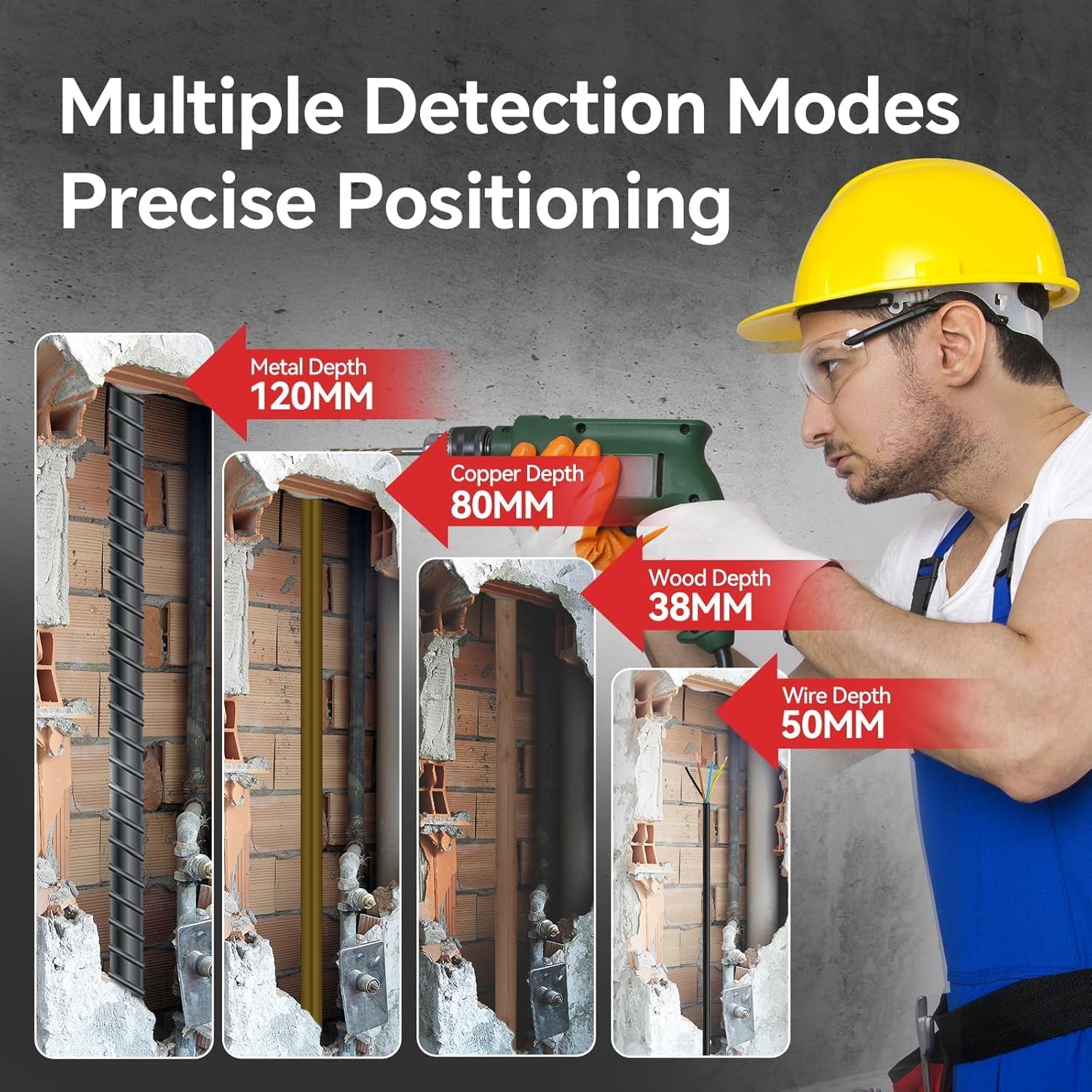 Diagram illustrating the detection depths for metal, copper, wood, and electrical wires within a wall.