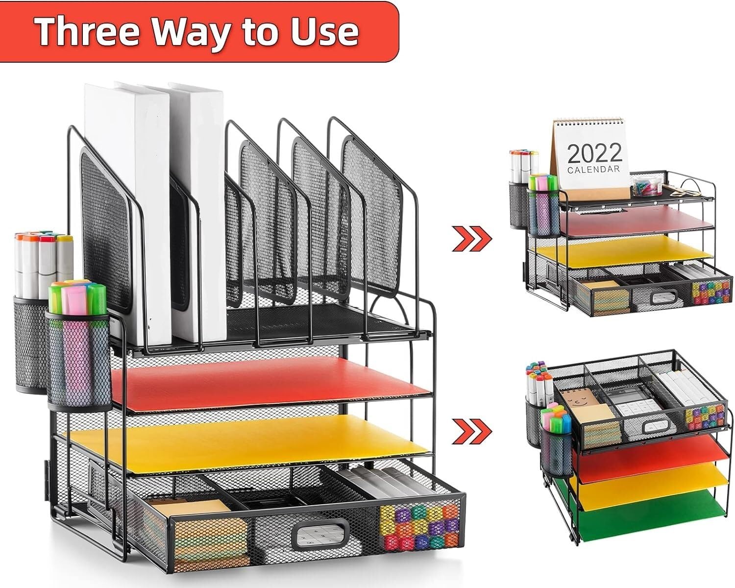 Organizzatore Scrivania Organizer da Scrivania con Cassetto in Rete A 4 Livelli 5 Portadocumenti Verticali E 2 Portapenne, Multifunzione Ufficio(A)