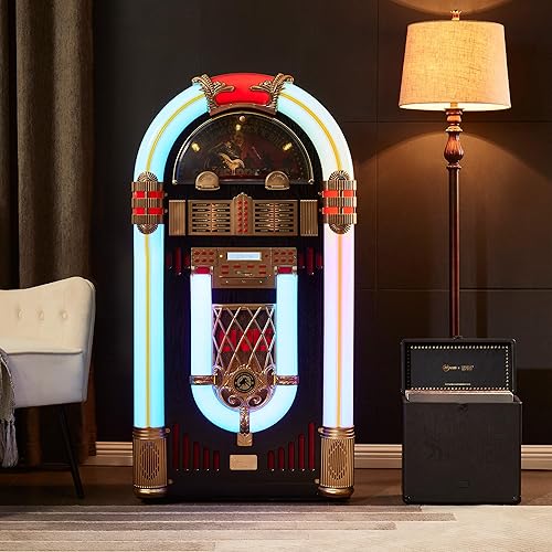 Miniatura 2 de Arkrocket Jukebox reproductor de discos de vinilo de tamaño completo Bluetooth USB SD Reproductor de CD Radio, tocadiscos retro clásico Jukebox