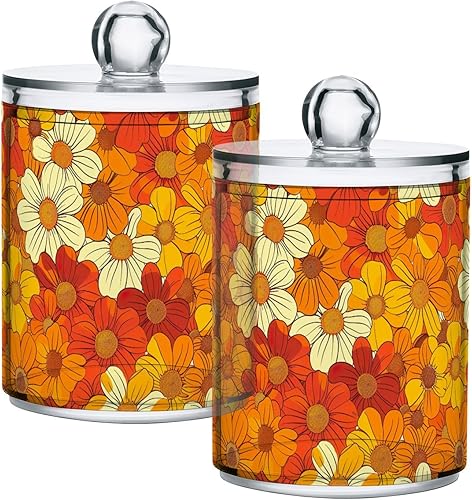 CHIFIGNO Juego de 2 tarros de plástico transparente de flores hippie retro naranjas, recipientes de baño para boticario de plástico transparente