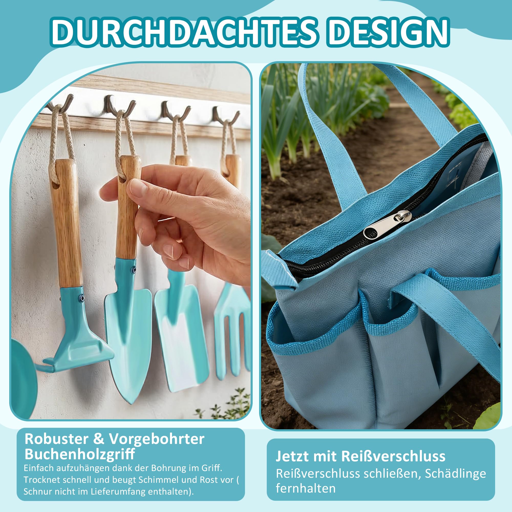 cossy Gartenset für Kinder, 13-teilige Gartenwerkzeug Set, Gartengeräte für Kinder Kleinkinder Jungen & Mädchen, Inklusive Tragetasche, Gießkanne, Schaufeln, Rechen, Gartenhandschuhe, Schürze, Blau