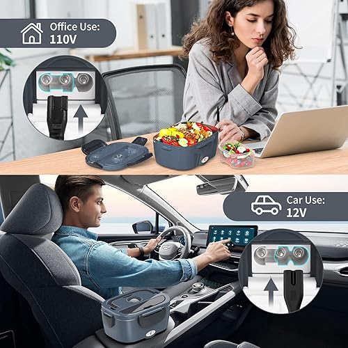 Miniatura 6 de Vingud Lonchera Eléctrica para Adultos, Lonchera Calentada con 2 Contenedores de Acero Inoxidable, 1.5L Calentador de Alimentos Portátil de 80W para
