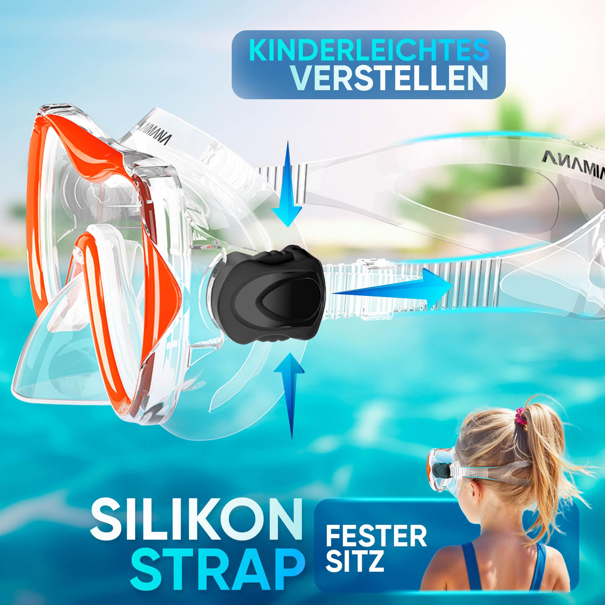Kaimana® Taucherbrille Kinder inkl. gratis Tragetasche | ab 3 Jahre | extra Bequeme Taucherbrille mit Stoff- / Silikonband | Kinder Schwimmbrille mit Nasenschutz