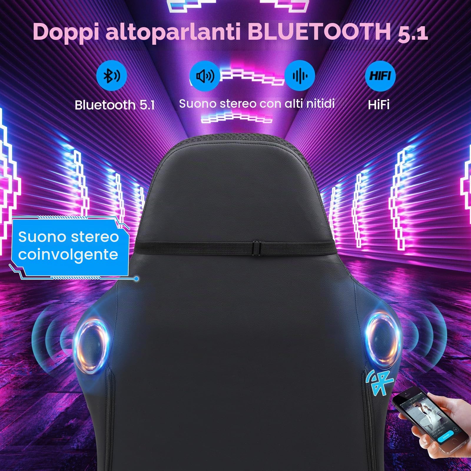 GTPLAYER Sedia da gioco, sedia da ufficio, sedia da gioco con altoparlante e barra luminosa, sedia da giocatore, schienale con custodia, sedia ergonomica PC con telecomando