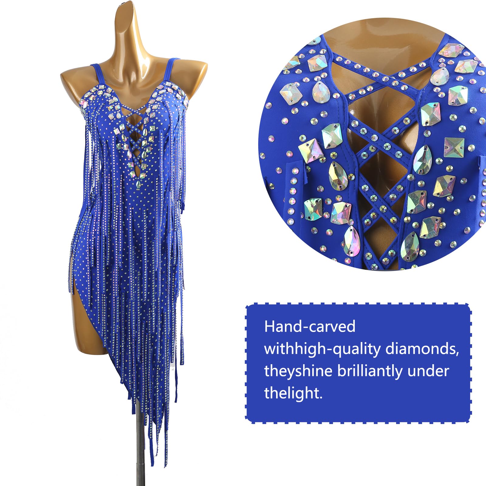 LIUHUO Latein-Tanzkleid, Ballsaal, Wettkampfkleid, Damen, Blau | Tango Ballsaal Tanzkostüm Fransen Flapper ärmellos glänzend Diamant rückenfrei