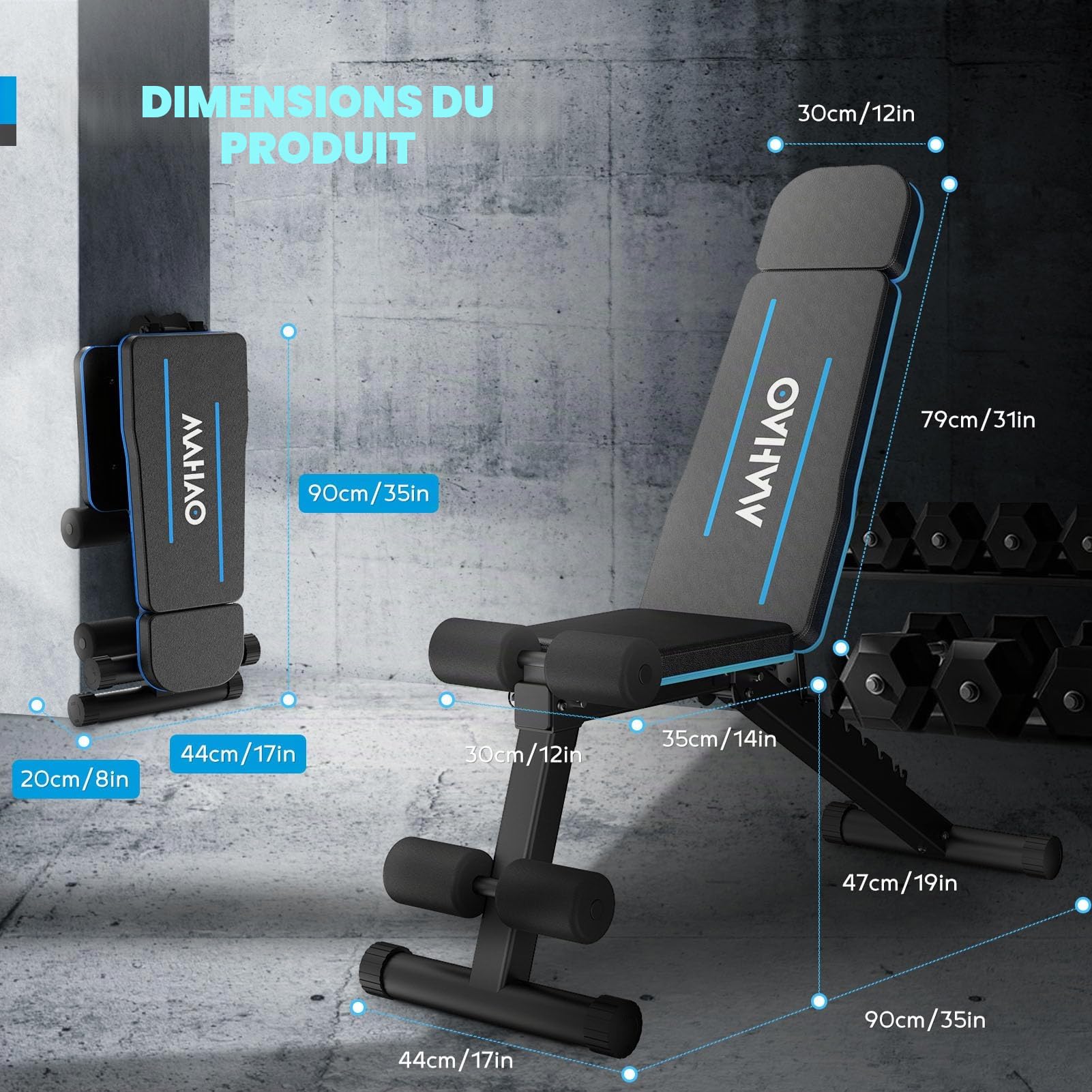 Banc de Musculation Pliable, Banc Musculation Complet Inclinable Réglable, Banc inclinable pour Exercice Gymnastique à Domicile/Bureau,230Kg capacité de poids