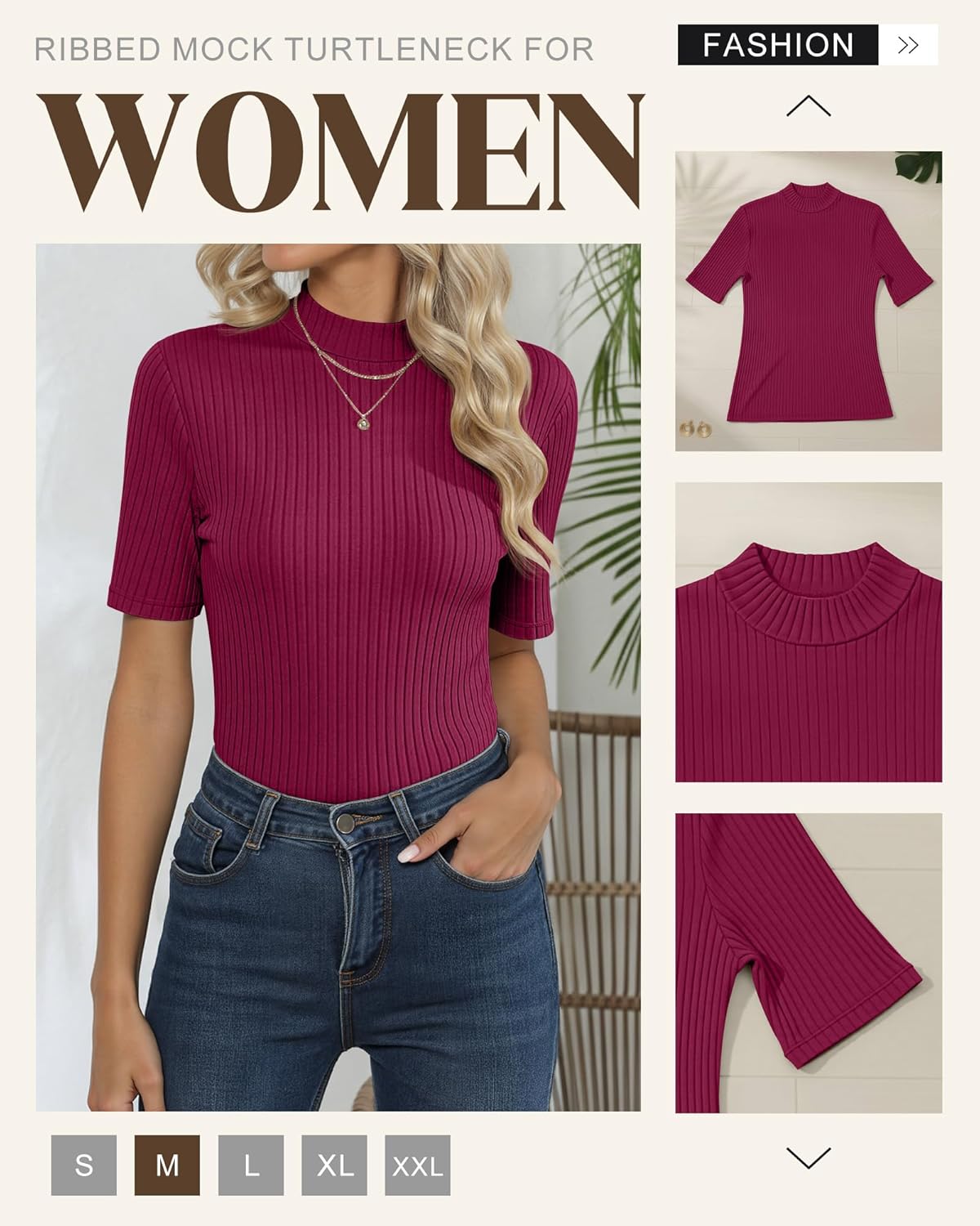 Neer 3 Pack Women's Half Sleeve T-Shirts, Mock Turtleneck Elbow Length Tee Ribbed Slim Fit Casual Summer Tunic Tops - Image 5