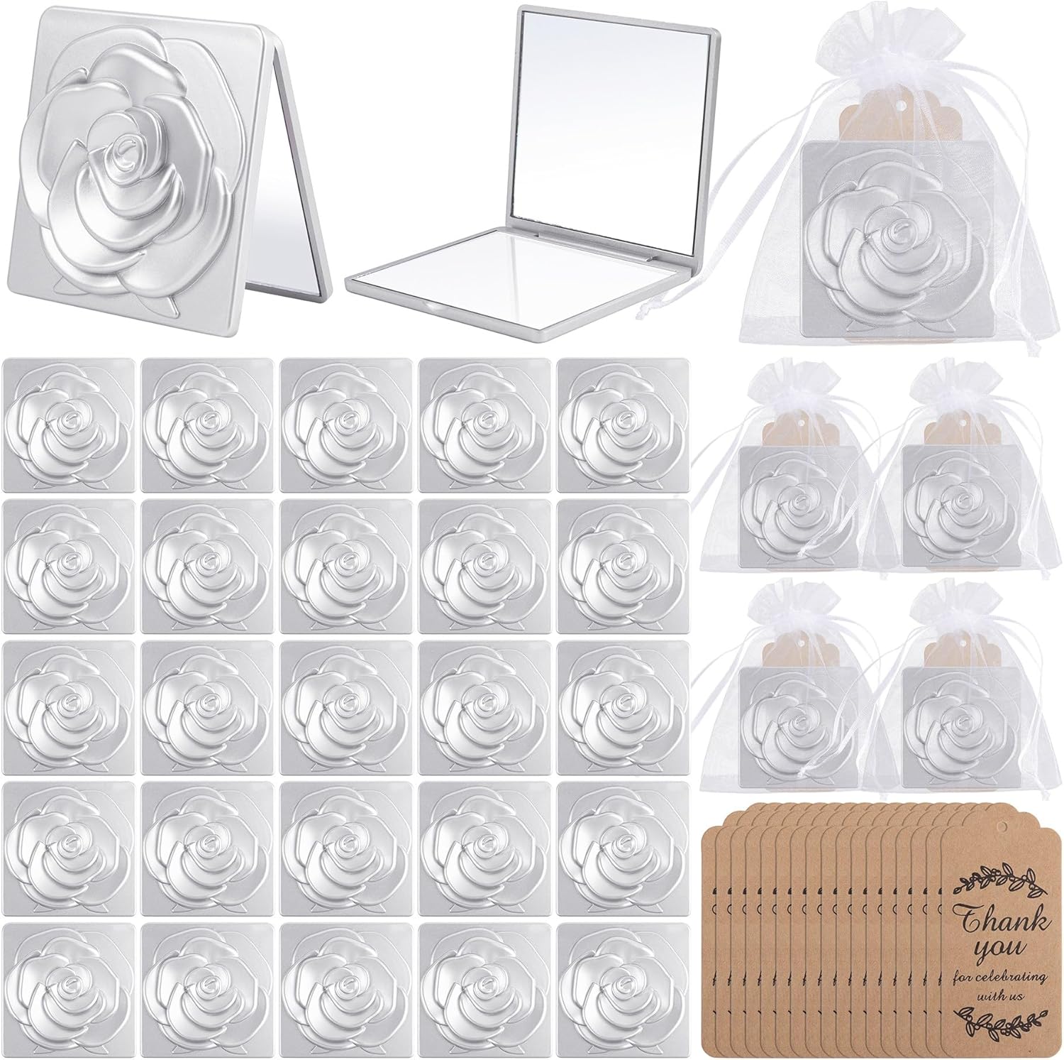 AUEAR, 30 Sets Rose Compact Mirrors Quinceanera Party Favors for Guests Pocket Mirror with Thank You Tags Organza Bag for Wedding Gifts (Gold)