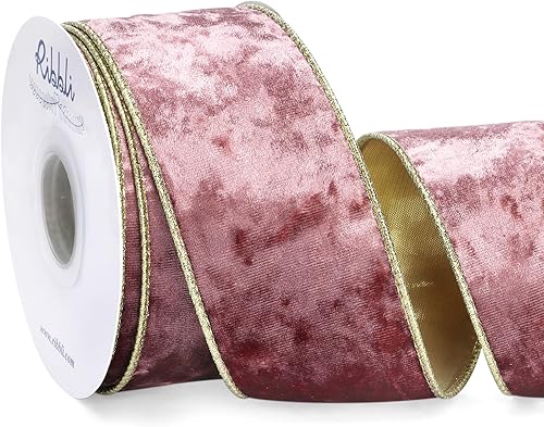 Vista 180 de Ribbli - Cinta de terciopelo dorado verde oscuro metálico con alambre de 2.5 pulgadas, cinta navideña de terciopelo arrugado para envoltura, decorar