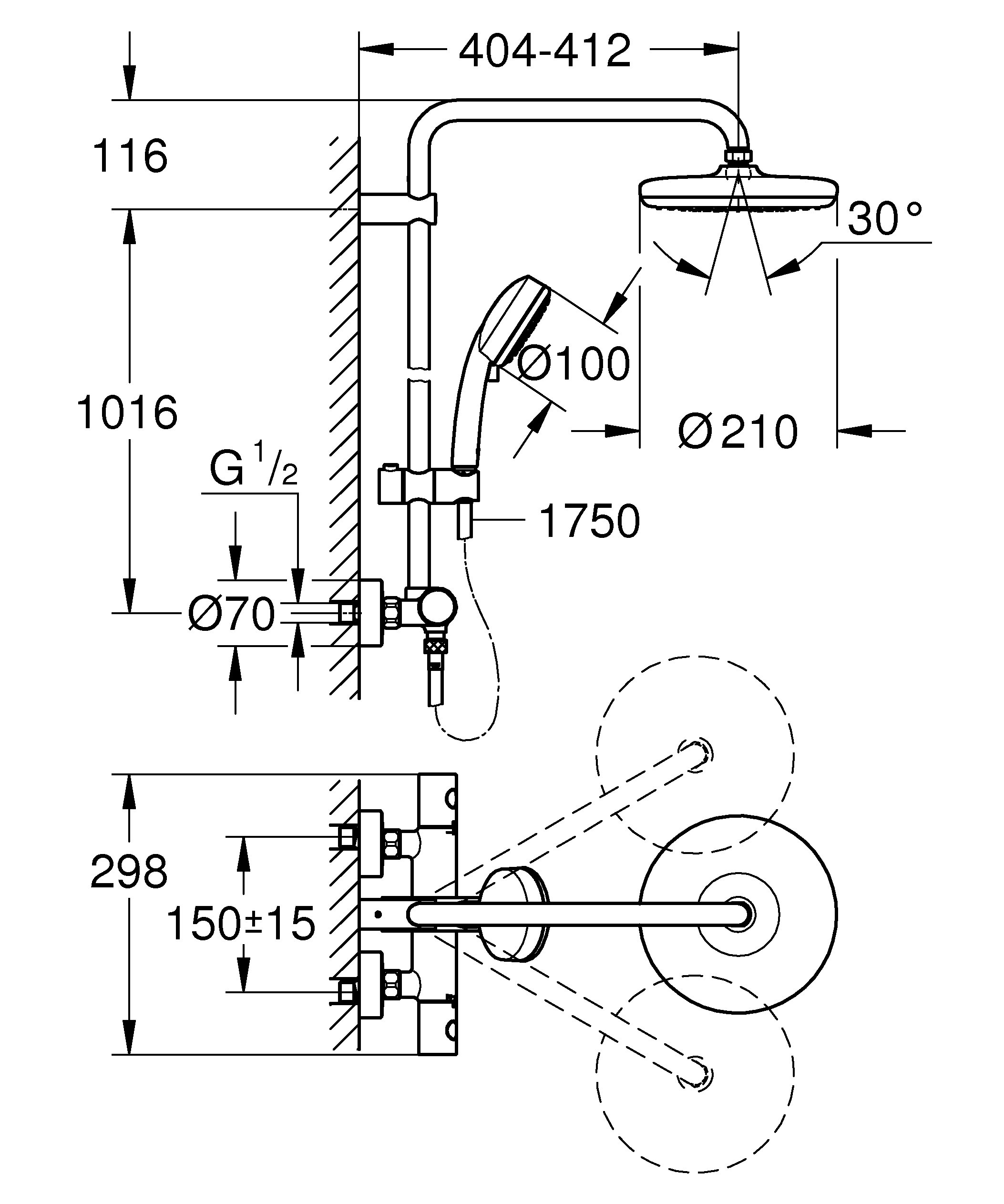 GROHE Tempesta Cosmopolitan 210- Duschsystem mit Thermostatbatterie (Wandmontage, Verbrühungsschutz, 390mm Duscharm, perfektes Strahlbild ), chrom, 27922001