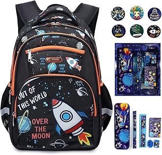 Cusangel Kids Backpack for Boys, Clear Pocket with Badge-Decorated Stationery Collection Elementary Kindergarten School Black Space Bookbag 15.5 in Multifunctional Cute Large Capacity