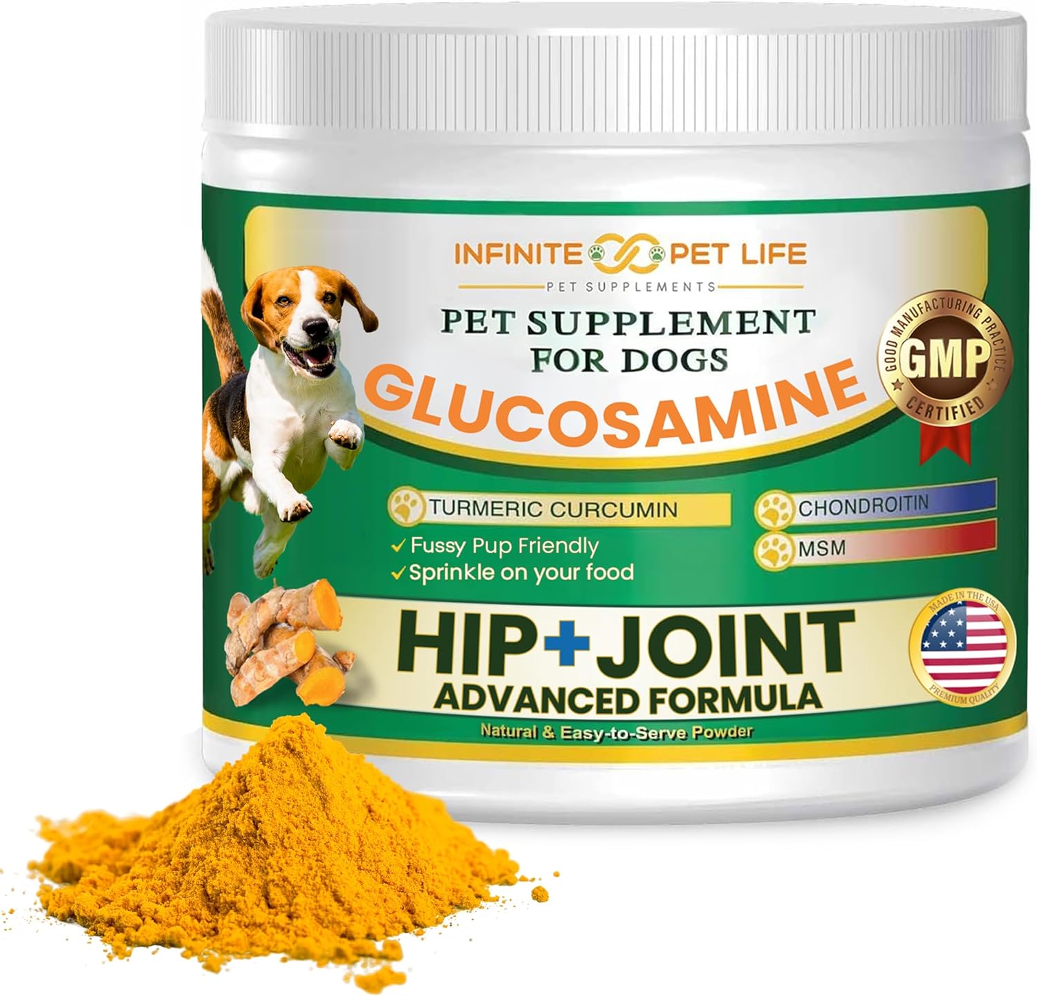 Infinite Pet Life Hip & Joint Supplement Powder for Dogs – Glucosamine, MSM, Chondroitin & Tumeric | Advanced Mobility Support for All Ages & Active Dogs – 12.7 oz