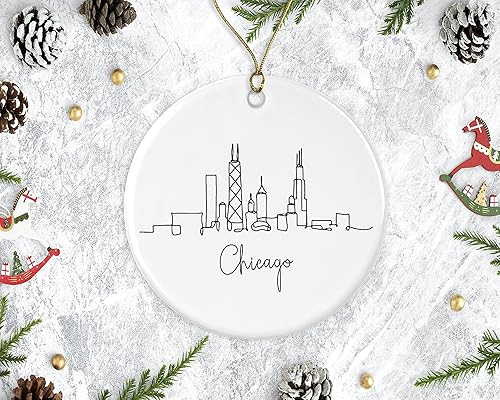Miniatura 2 de JenaGifts Chicago Ornament Gift for Dad Mom Brother Sister Friend Ceramic Holiday Decoration Present Porcelain 3In Flat with Gold Ribbon Free Box