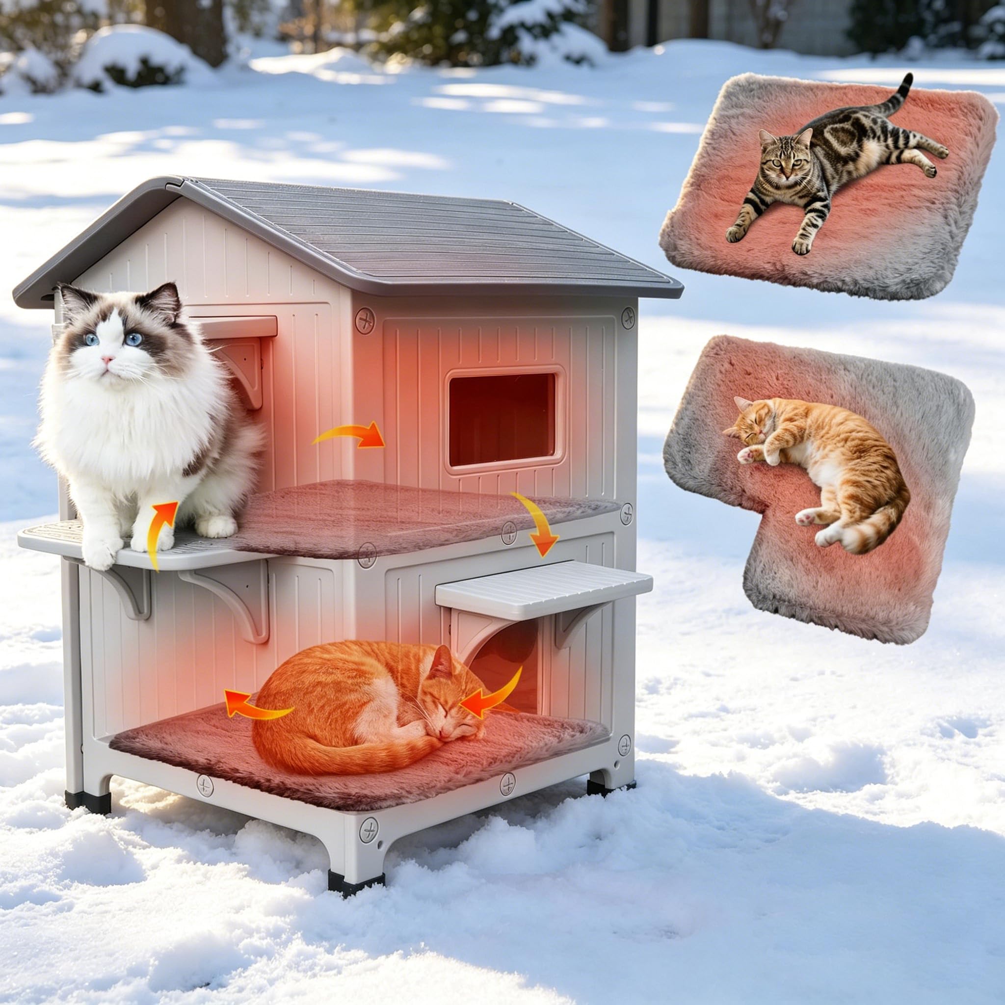 Plastic Outdoor Cat House with Soft Mat, Insulated Cat Houses for Winter