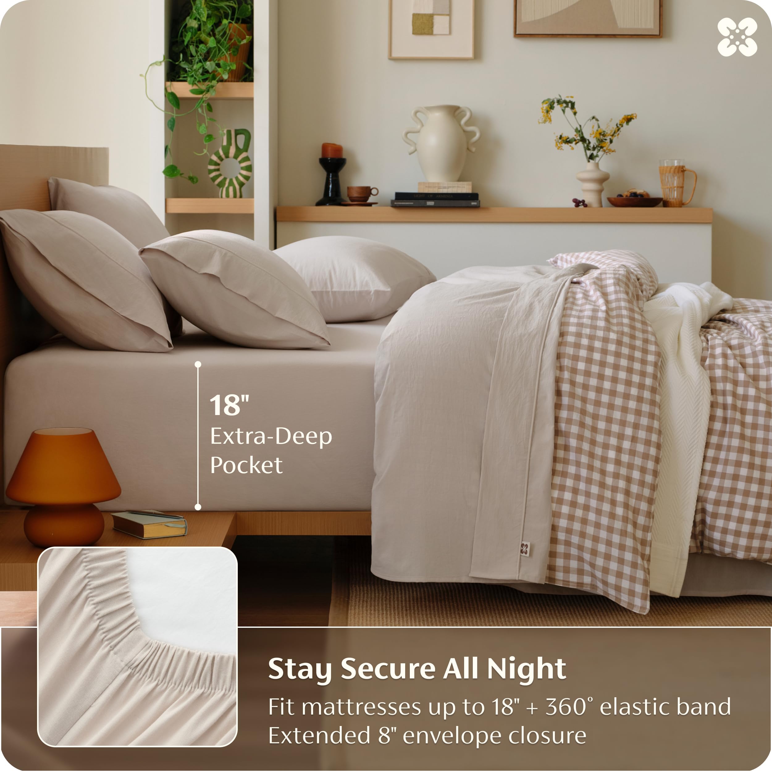 Bedsure 100% Washed Cotton Percale Sheets Queen Size - Linen Like Textured 6-Piece Bedsheet Set with 18" Deep Pocket, Breathable & PureWoven Soft Comfy (Linen, Queen) — view 5