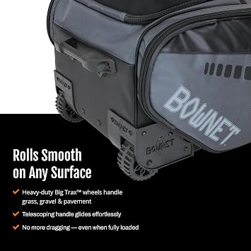 Bownet Commander Catchers Gear Bag with Wheels Heavy Duty Rolling Baseball & Softball Equipment Bag, 14 Pockets, Helmet Case, Big Trax Wheels, Travel Approved