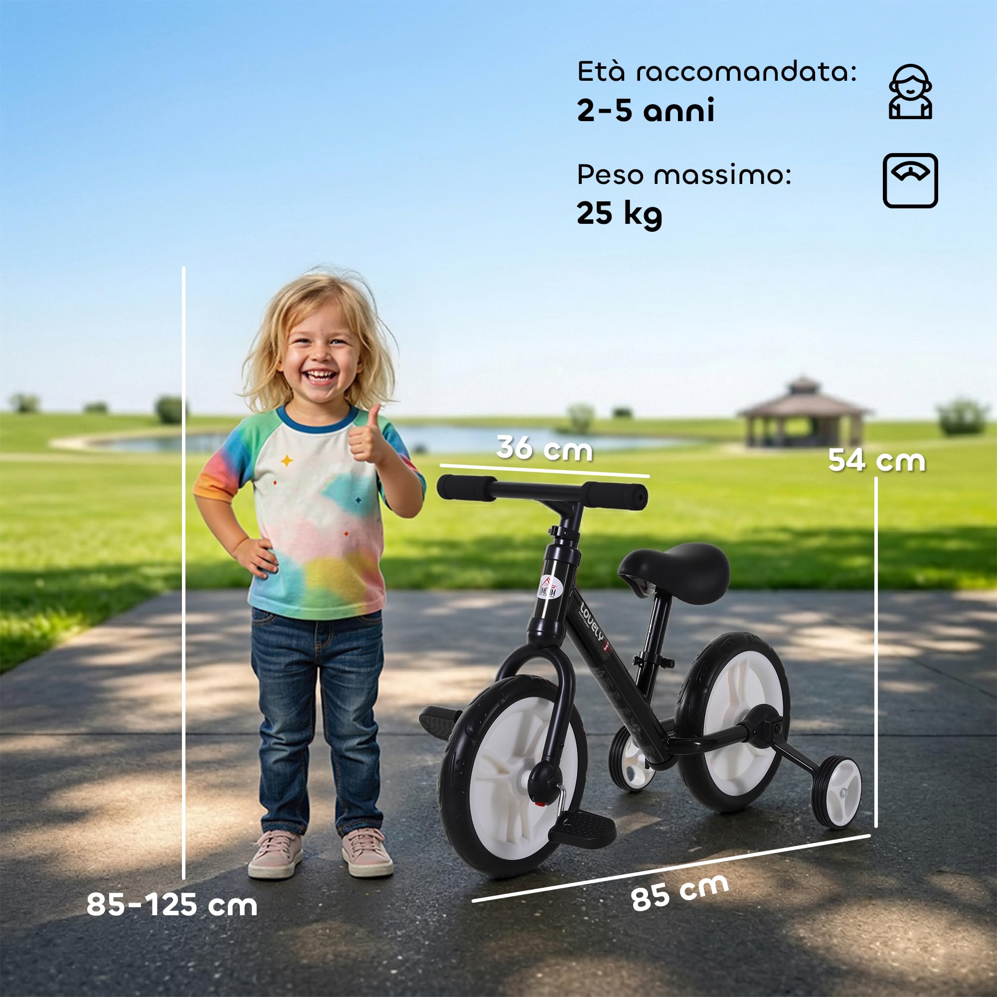 HOMCOM Bicicletta Senza Pedali per Bambini da 2 a 5 Anni, 25 kg, Nero | Balance Bike, Sellino Regolabile, Ruote Ausiliarie e Pedali