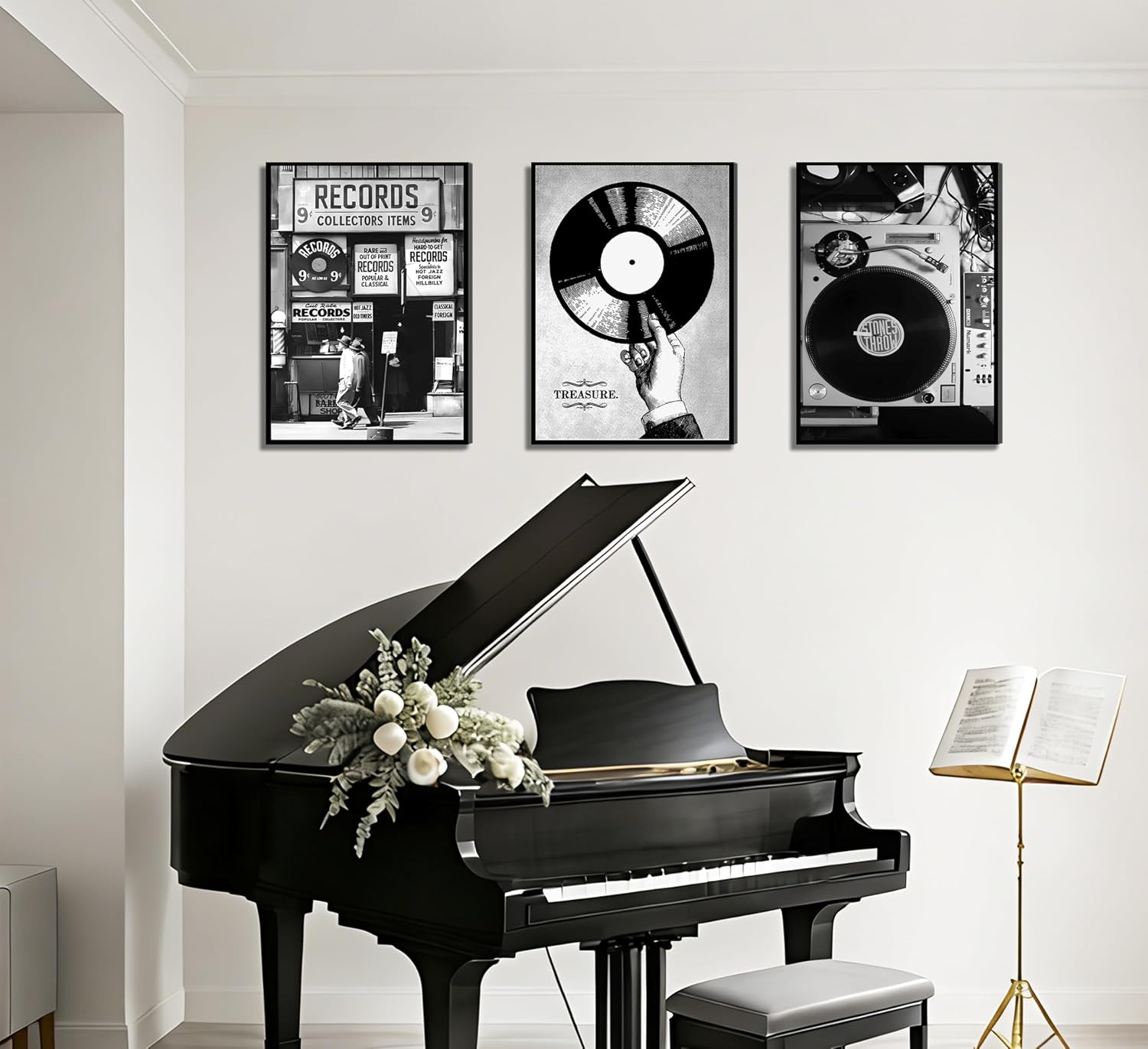 3Pcs Retro Music Poster Wall Art Fashion Black And White Photography Preppy Vinyl Record Store Painting Picture Wall Decor Bar Rock Music Lovers Print Artwork for Recording Studio Club Home Decoration