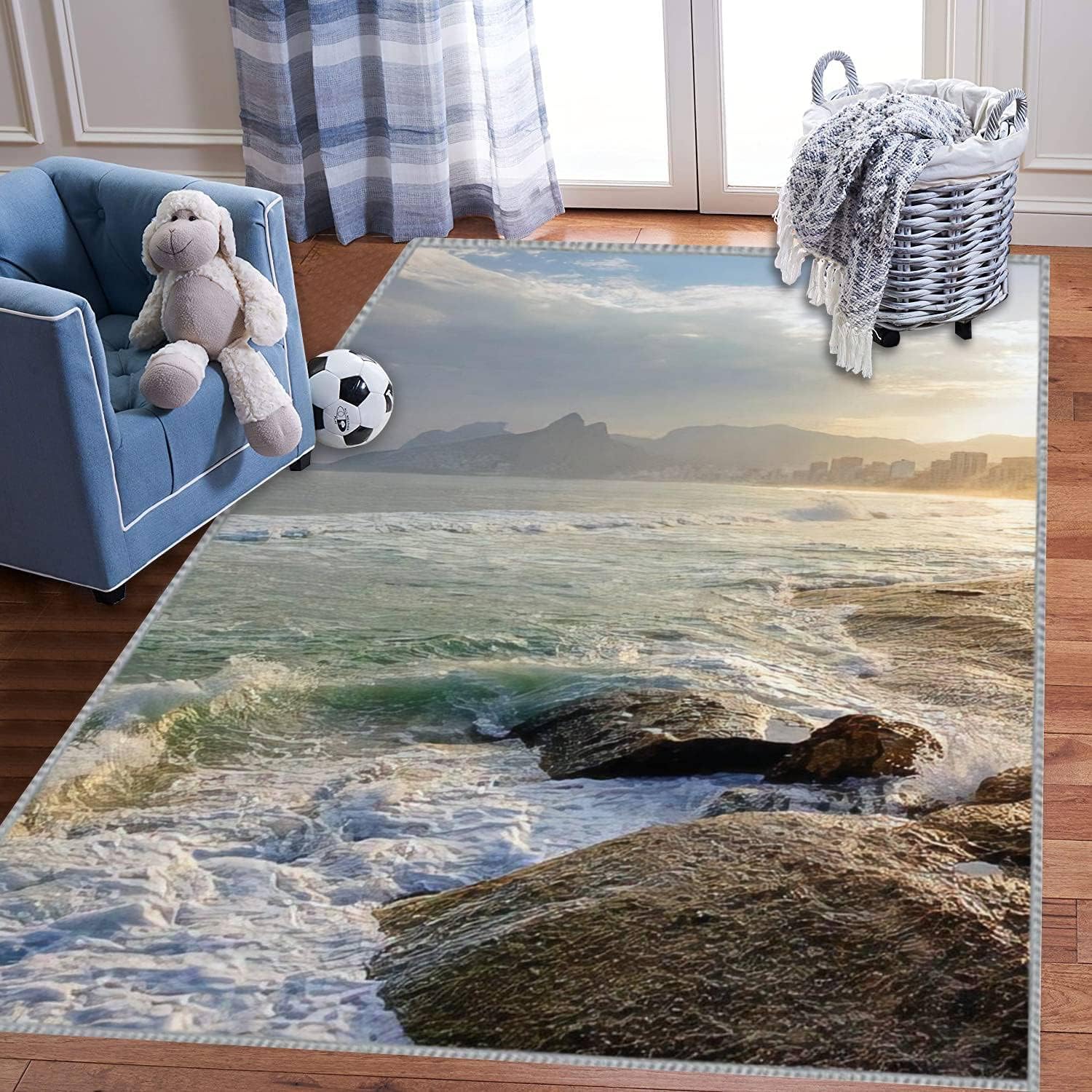 Kids Play Area Rugs Arpoador Beach 3D Carpet Extra Large Rug Kids' Bedroom Playroom Nursery Décor for Boys Girls, Learning & Playing 5x8 ft