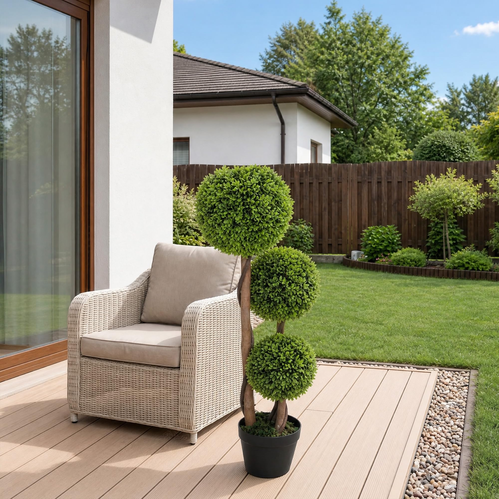 HOMCOM Set di 2 Piante di Bosso Artificiale a 3 Sfere, Piante Finte con Vaso Incluso e Fondo Rinforzato, Altezza 90 cm, per Interno ed Esterno, Giardino, Ufficio, Soggiorno