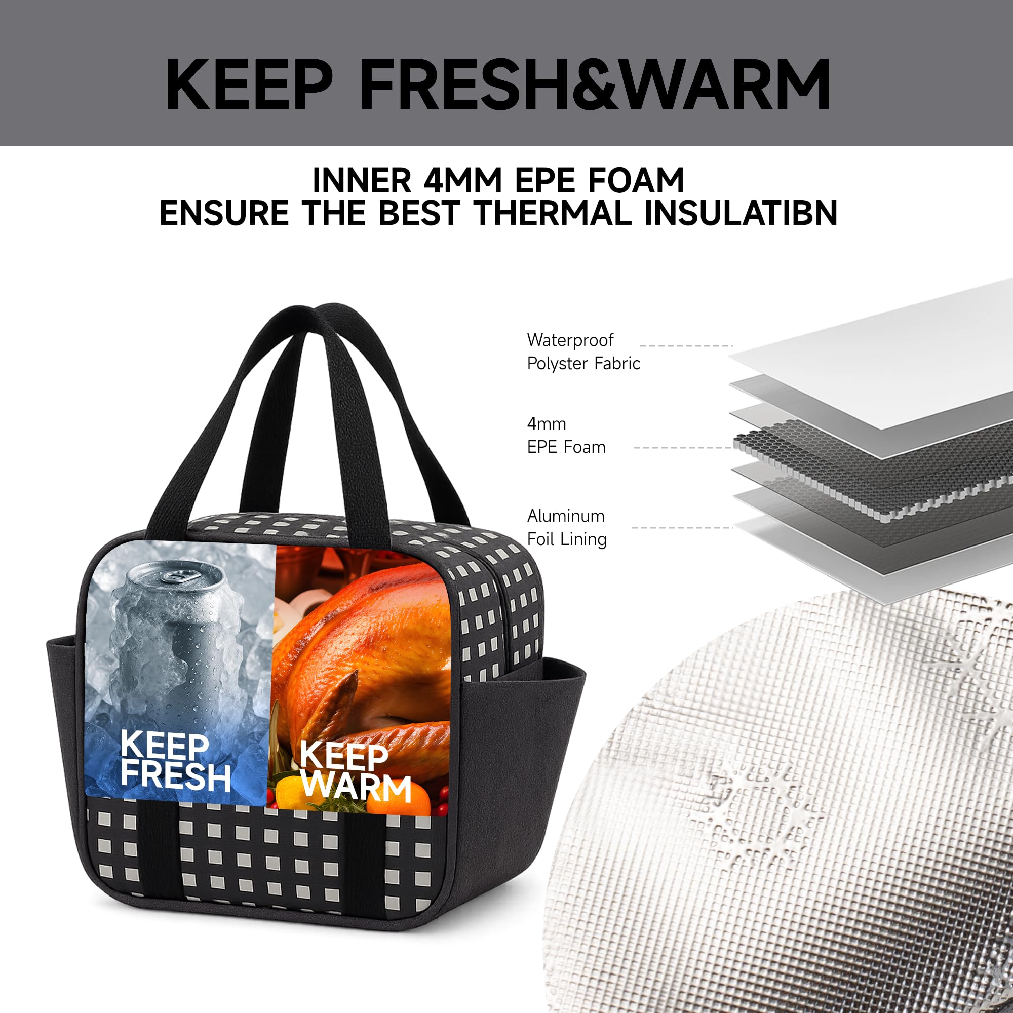 Urban Nest Borsa Pranzo Isolata per Adulti, Borsa Termica con Tasche Laterali, Borsa Frigo Riutilizzabile per Lavoro, Scuola, Picnic, Conservazione Cibo, Idea Regalo (24x14x20cm)