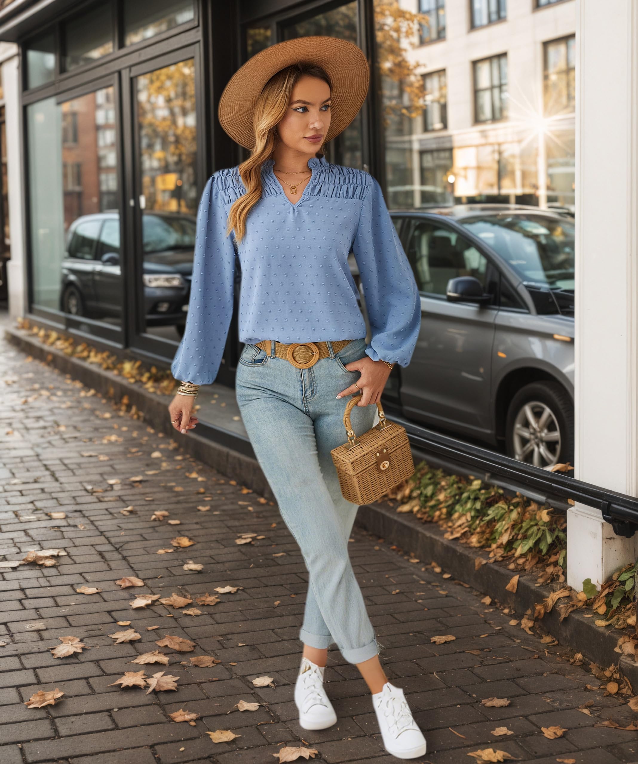 Pantete Camicette da donna autunnali a pois svizzeri con maniche lunghe a sbuffo con scollo a V camicie fluide per lavoro alla moda femminile