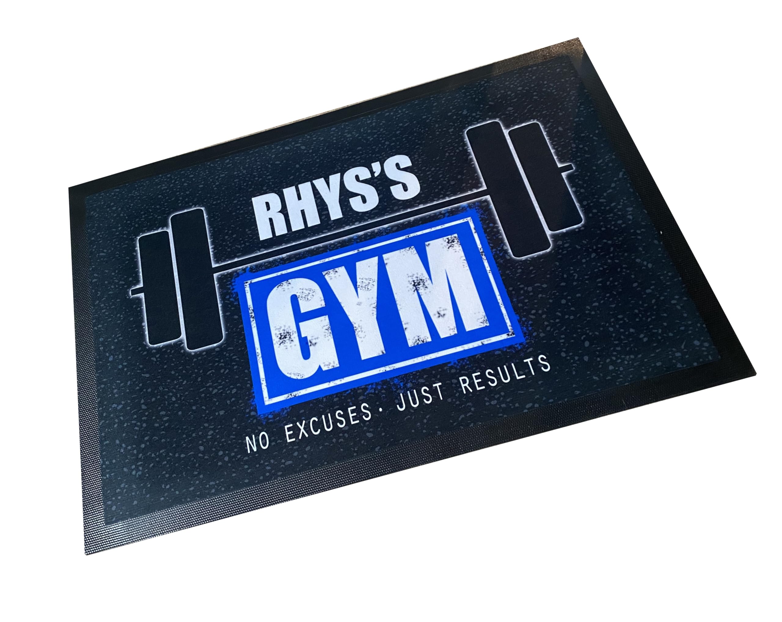 Artylicious Personalised Gym/weights room dumbell Door mat 60 x 40cm, non slip base mat (Blue)