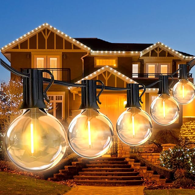 Pikapi G40 Outdoor Connectable LED String Lights 100FT Festoon Lighting with 50+2 Plastic Shatterproof Globe 1W Bulbs,IP44 Waterproof 2700K Warm White Patio Lights for Weeding Party Garden