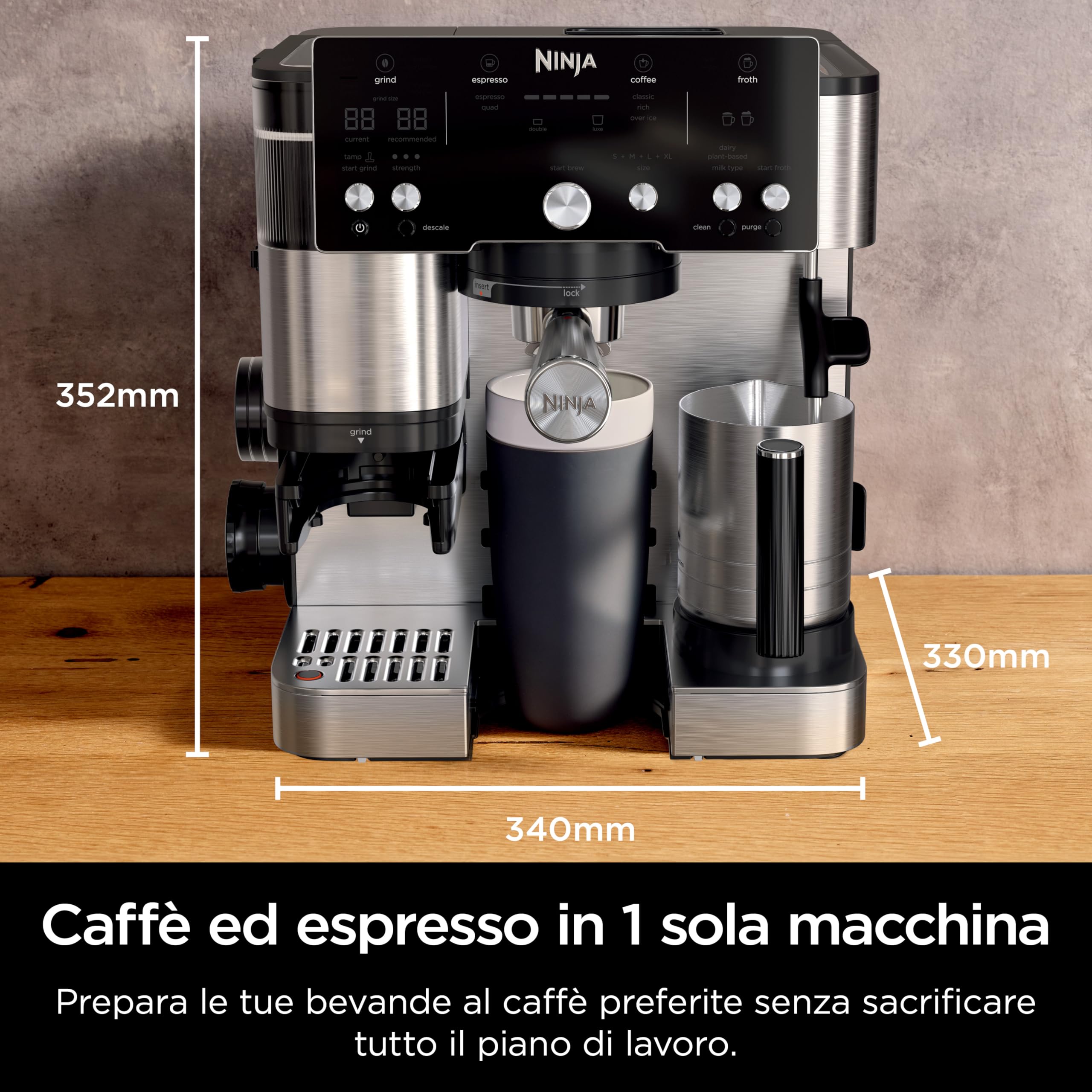 Ninja Luxe Essential Macchina da Caffè 2 in 1, Macchina per Latte, Cappuccino ed Espresso con Macinacaffè Integrato e Montalatte, Facile da usare, 2 Programmi Automatici per Schiuma, Argento, ES501EU