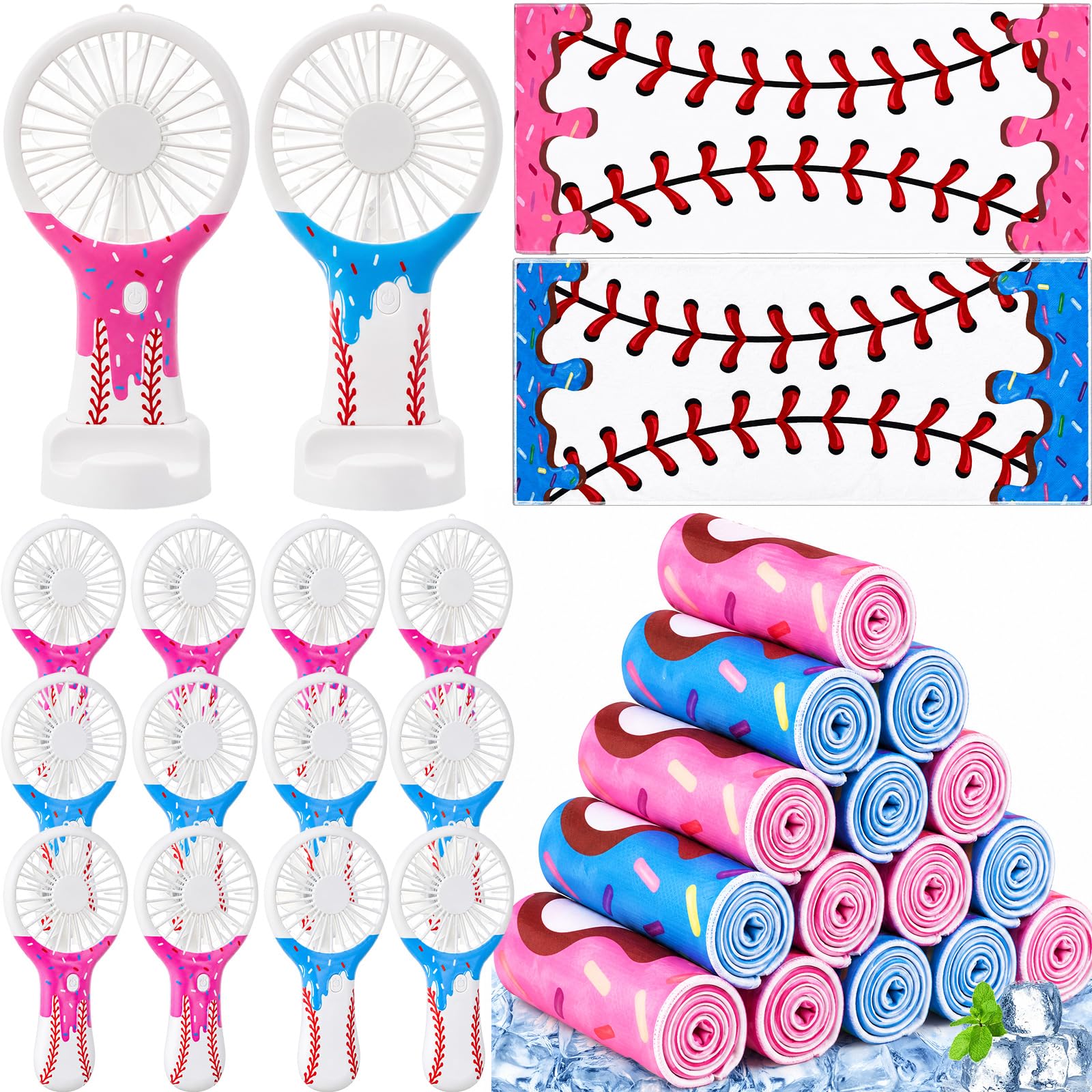 Woanger 12 Sets / 24 Pcs Ice Cream Drip Cooling Towels Mini Handheld Fans | Ice Cream Drip Party Favor, Portable USB Fans, 3 Speed, Sports Towels Bulk, for Team Game, Gifts