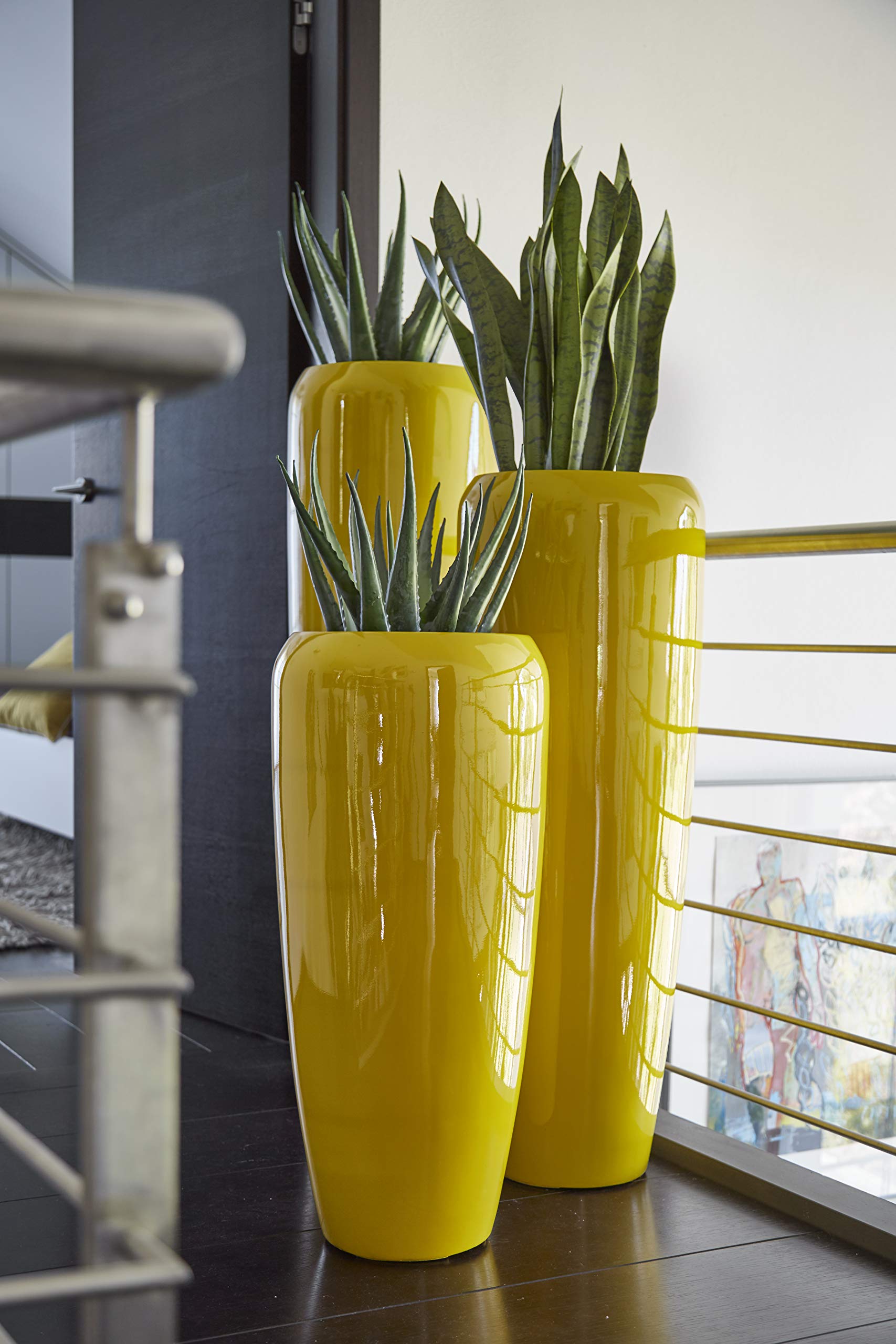 Moderne & Hochwertige Pflanzvase/Pflanzkübel – Fiberglas - Mit Einsatz – Indoor & Outdoor – Wetterbeständig & Frostsicher – Blumenkübel/Pflanzgefäß/Vase/Kübel (Höhe: 100cm, Glänzend Curry)