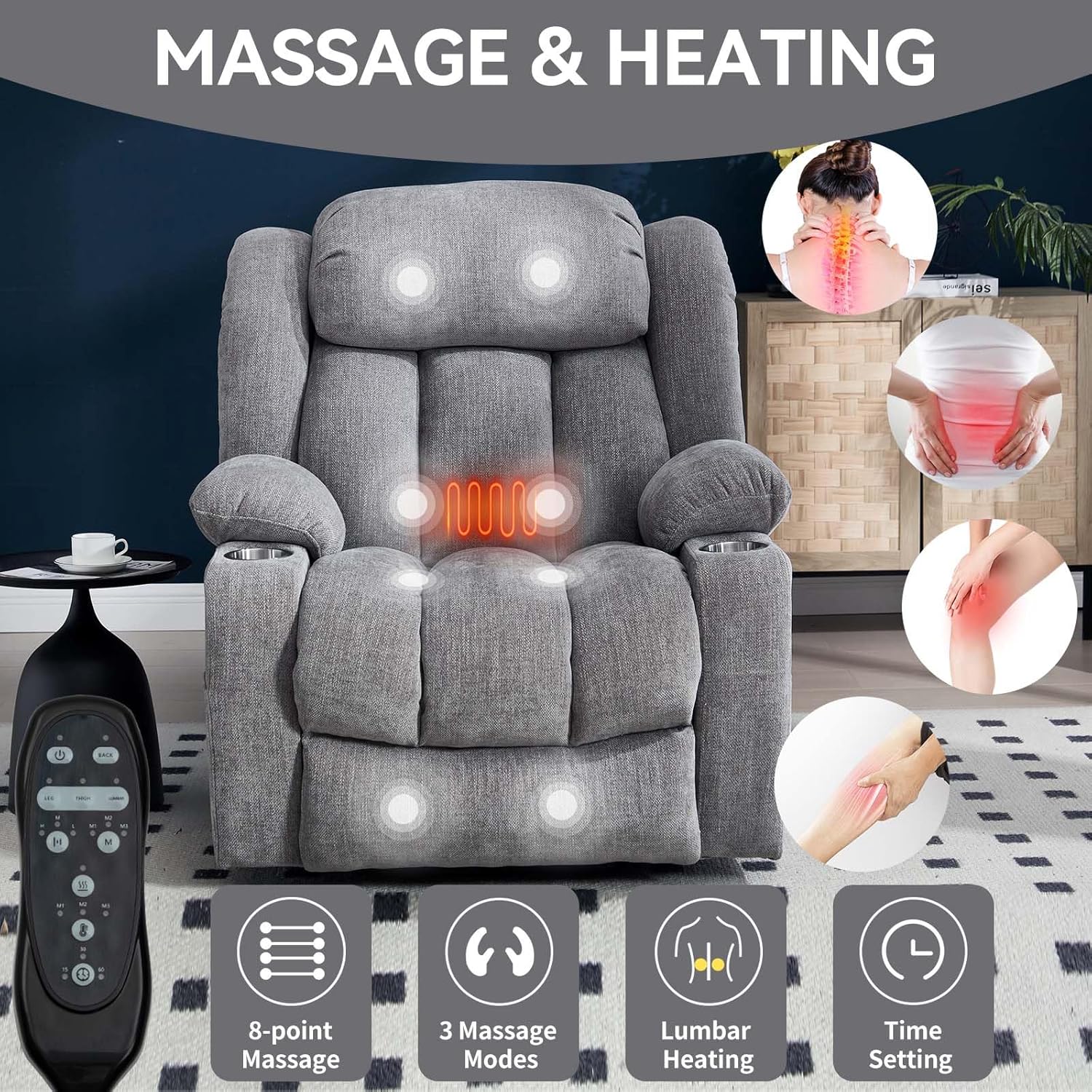 Large Power Lift Recliner Chairs with Massage and Heat for Elderly, Heavy Duty Safety Motion Reclining Mechanism Chenille Skid Fabric Recliner Chair with USB&Type-C Ports and Cup Holders (Light Grey)