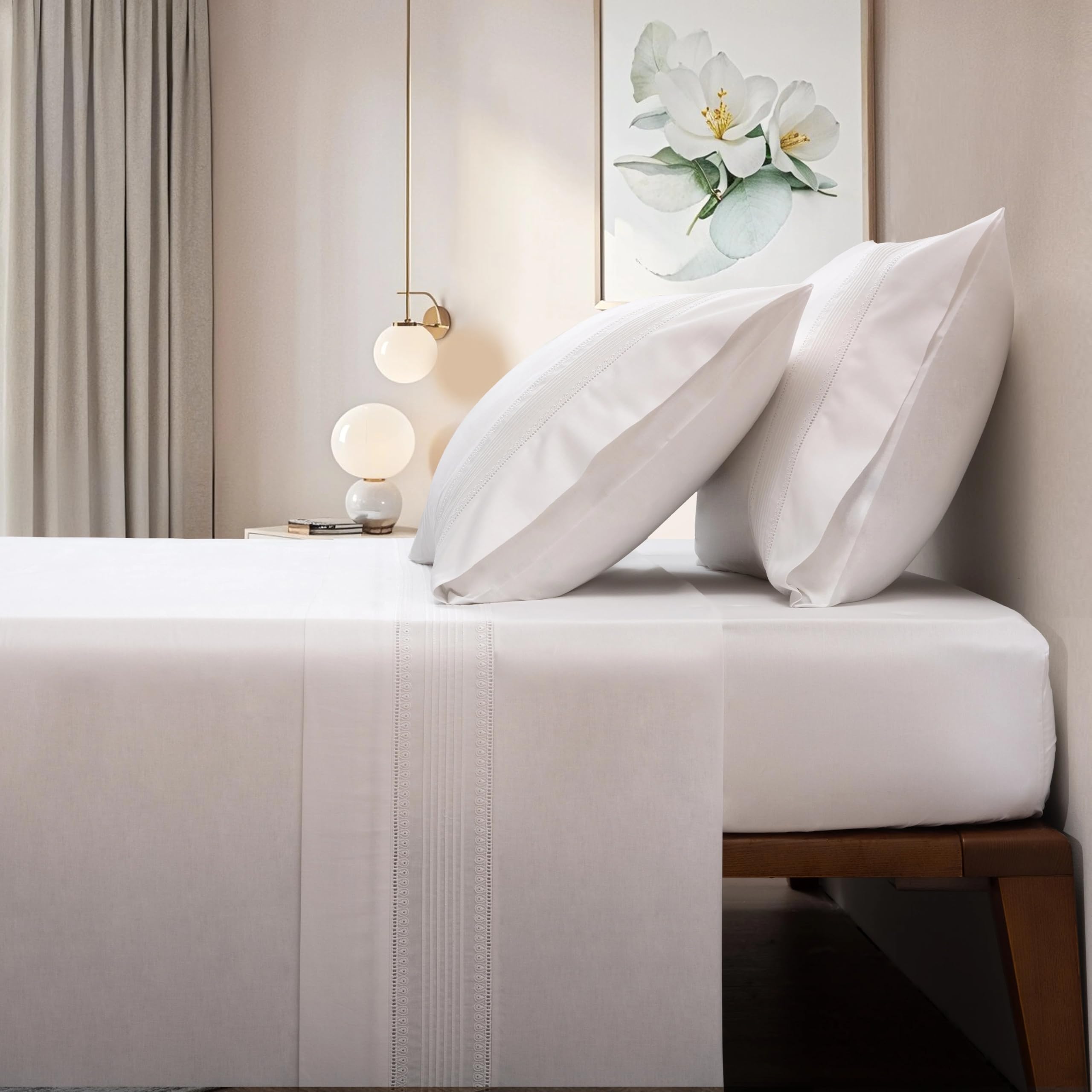 Juego de Sábanas Blanco 100% Algodón 200 Hilos con Bordado y Alforzas – Margarida 14 - - 100% Algodón - Cama 180 2 Almohadas 50 x 90 cm - Fabricado Portugal