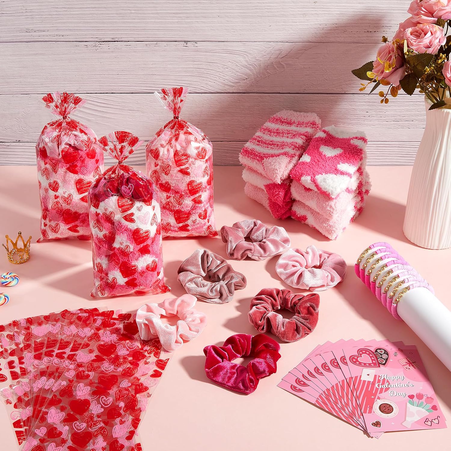 Landical Galentine's Day Gift Include Velvet Hair Scrunchies Plush Socks Bracelets Greeting Cards Gift Bags for Girls Women Galentine's Day Girl's Night Bachelorette Party Supplies