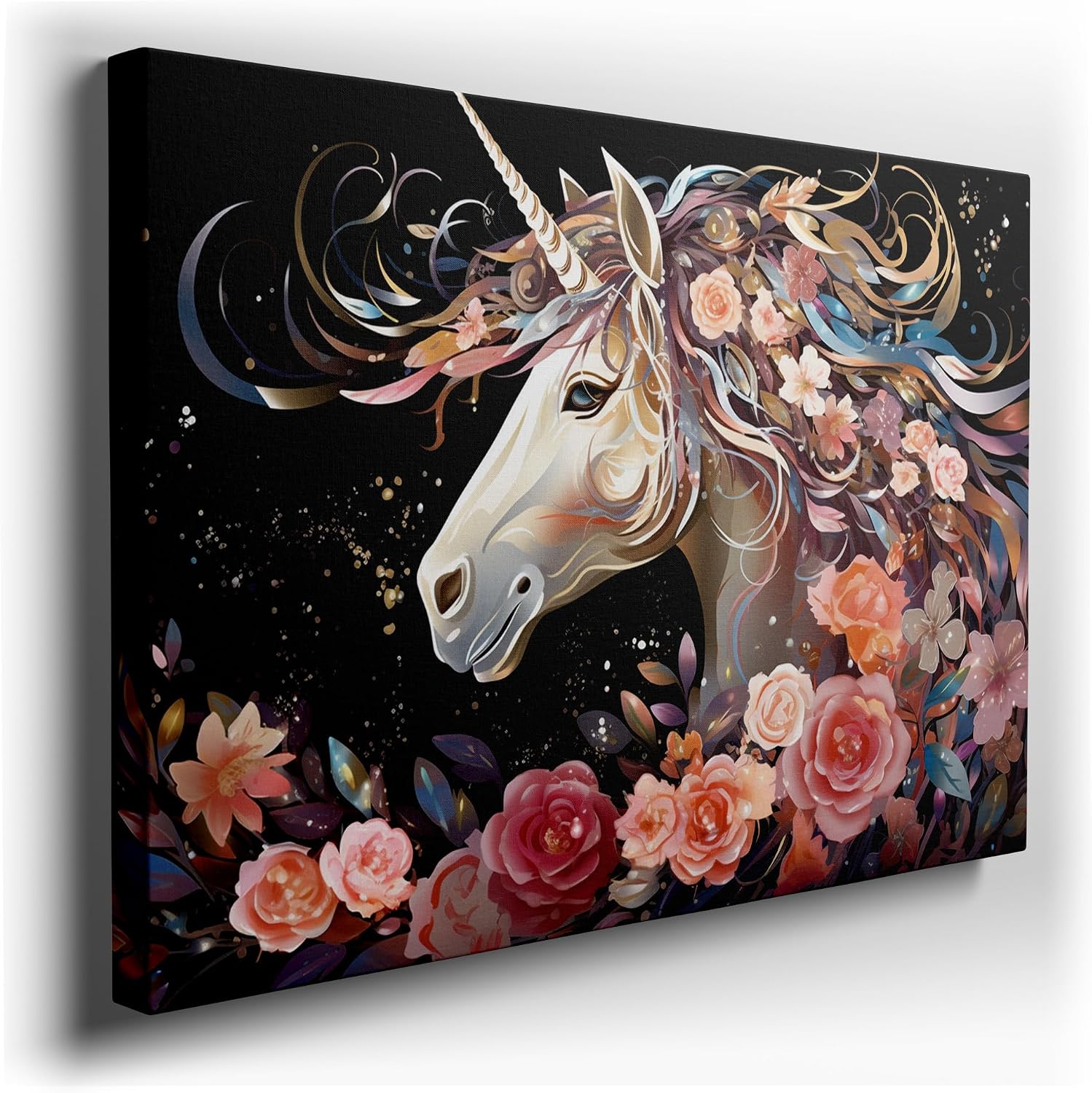 Canvas for Living room. Mystical Majesty: A Golden-Maned Unicorn Amidst a Garden of Roses and Stars, 27 x 18 inch Canvas Wall Art - Ready to Hang