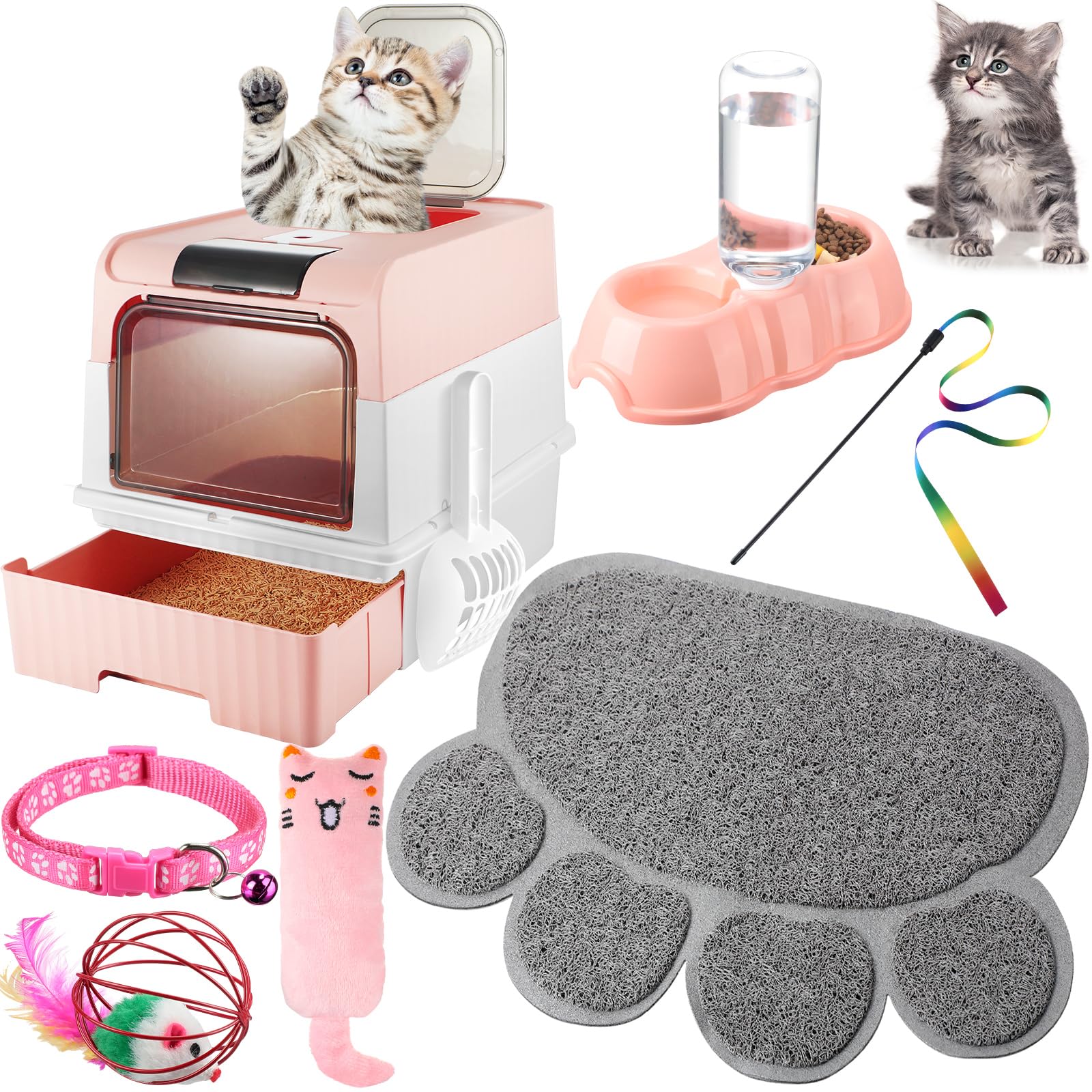 Tioncy 7 Pcs Small Cat Kitten Starter Kit Cat Litter Box with Shovel Paw Litter Mat Double Automatic Bowls Toy Teaser Stick Kitten Collar Essentials Kits for 1-3 Lbs Beginner(Pink)
