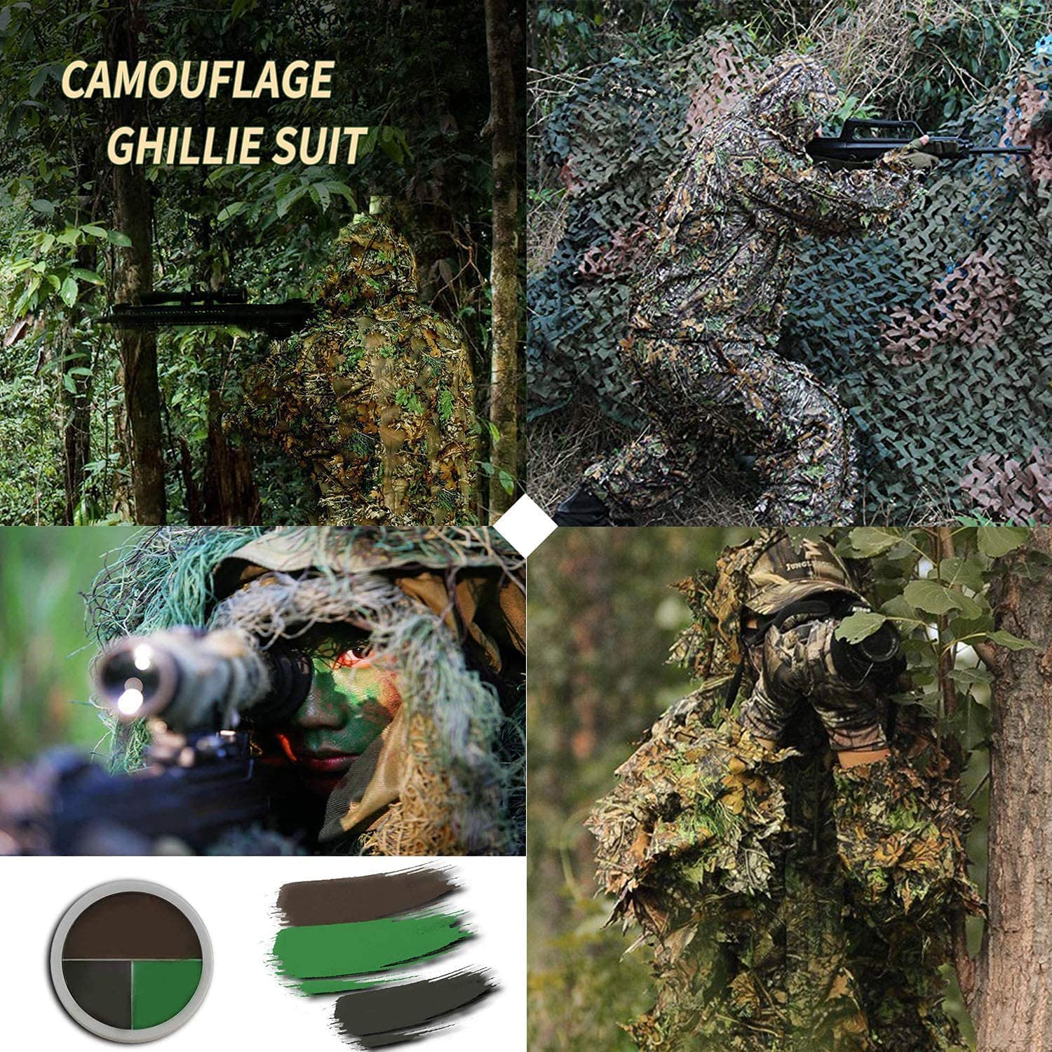 3D Ghillie Suit, Tarnanzug Dschungel Camouflage Bionic Design leicht Blättern Tarn Kleidung Hose Jacke Set mit Kappen für Jagd Airsoft Outdoor Militär Verdeckt