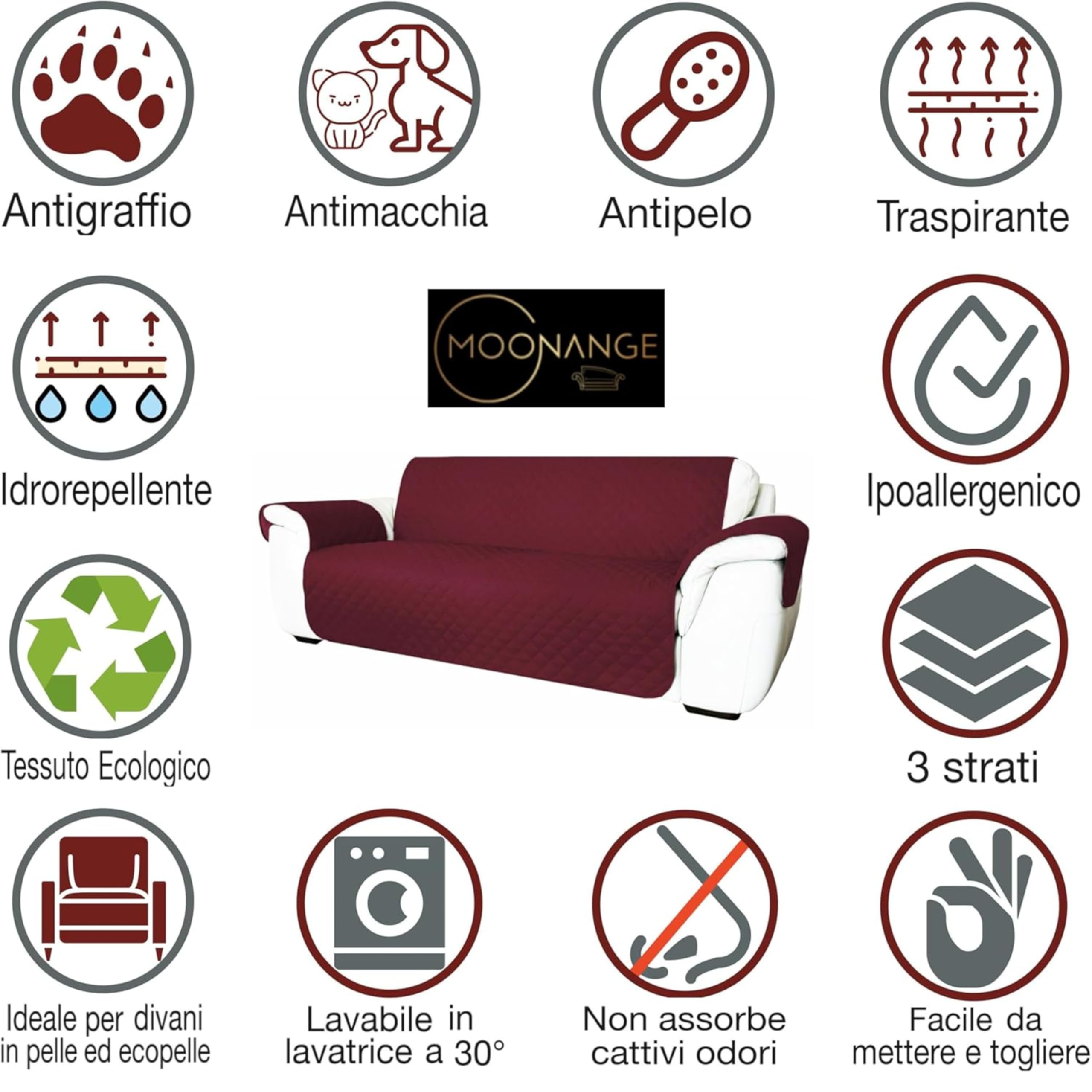 Moonange - Copridivano 4 Posti - Copridivano con Braccioli - Seduta 200 cm - Impermeabile - Reversibile - Antiscivolo - Antimacchia - Antigraffio - Antipelo - Copridivano moderno - Tortora