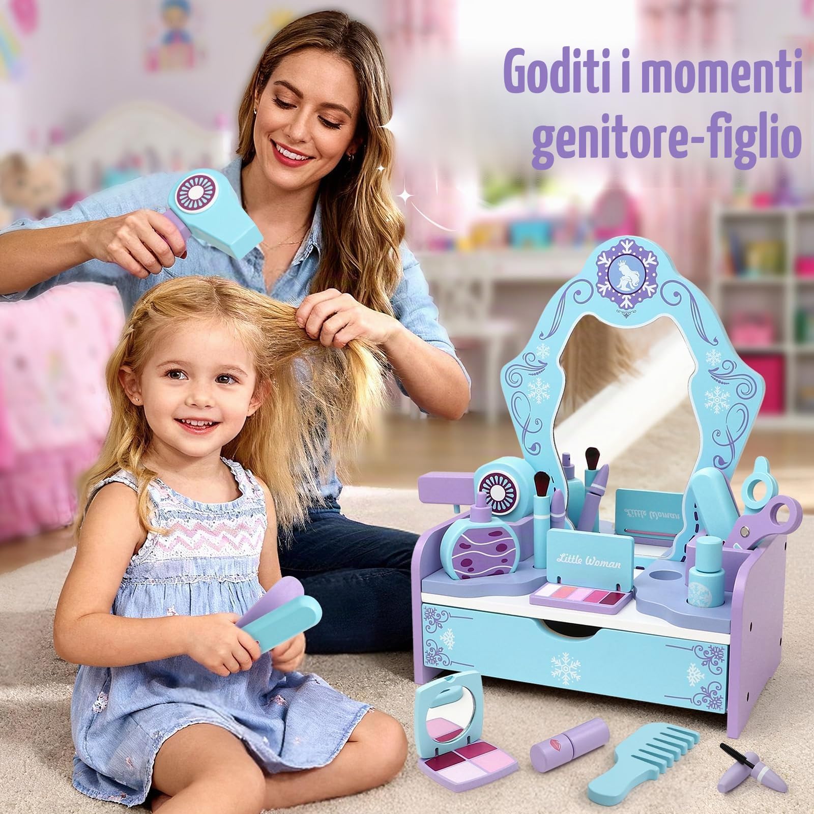 Atoylink Frozen Postazione Trucco Bambina in Legno, Toeletta Trucco Bambina con Specchiera Set Trucchi Bambina & Set Parrucchiera Bambina, Frozen Giochi Giocattoli Regalo per Bambino 3 4 5 6 Anni
