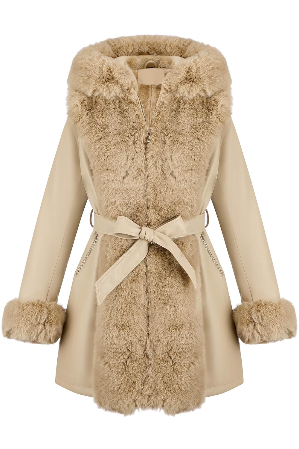 RISISSIDA Luxurious Women Winter Fur Lined Coat Leather Jacket with Hooded Long Fur Collar Thick Warm Heavy Overcoat