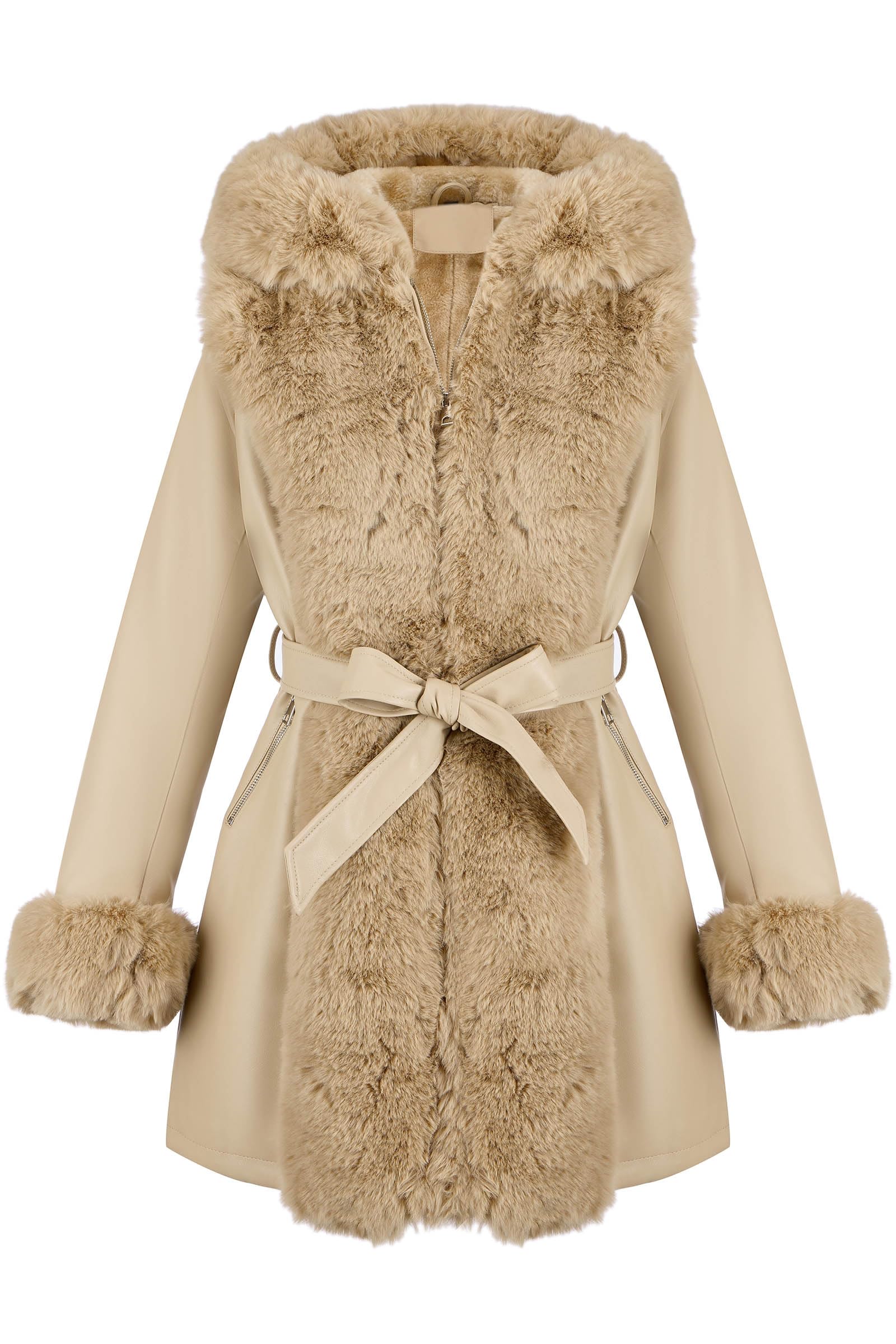 RISISSIDA Luxurious Women Winter Fur Lined Coat, Leather Jacket with Hooded Long Fur Collar, Thick Warm Heavy Overcoat Belted