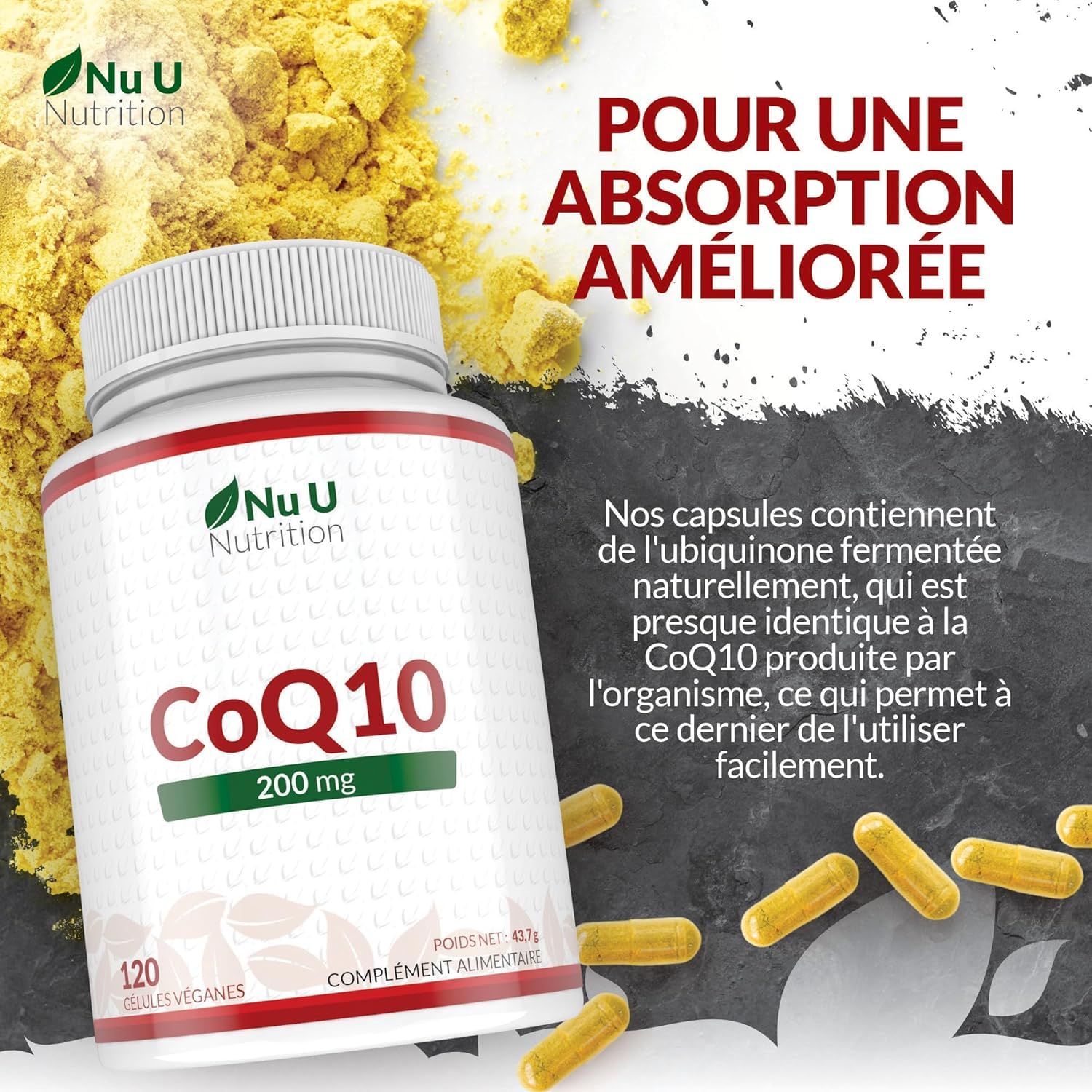 Coenzyme Q10 200mg – 120 Gélules Véganes – 2 Mois d’Approvisionnement – 100mg de CoQ10 par Gélule – 100% Ubiquinone Pure Fermentée Naturellement – Fabriqué en Europe – Nu U Nutrition