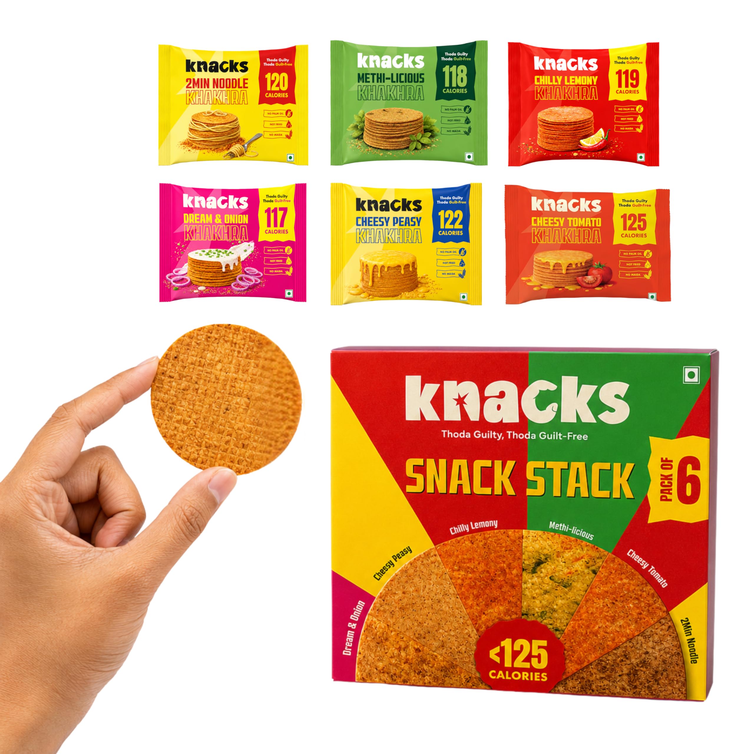 Knacks The Full Knacks | All 6 Flavours | Pack of 6 (6 x 30g) | 117 to 125 Calories Per Pack | No Palm Oil | Not Fried | No Maida | Crunchy Whole Wheat Snack-image-45