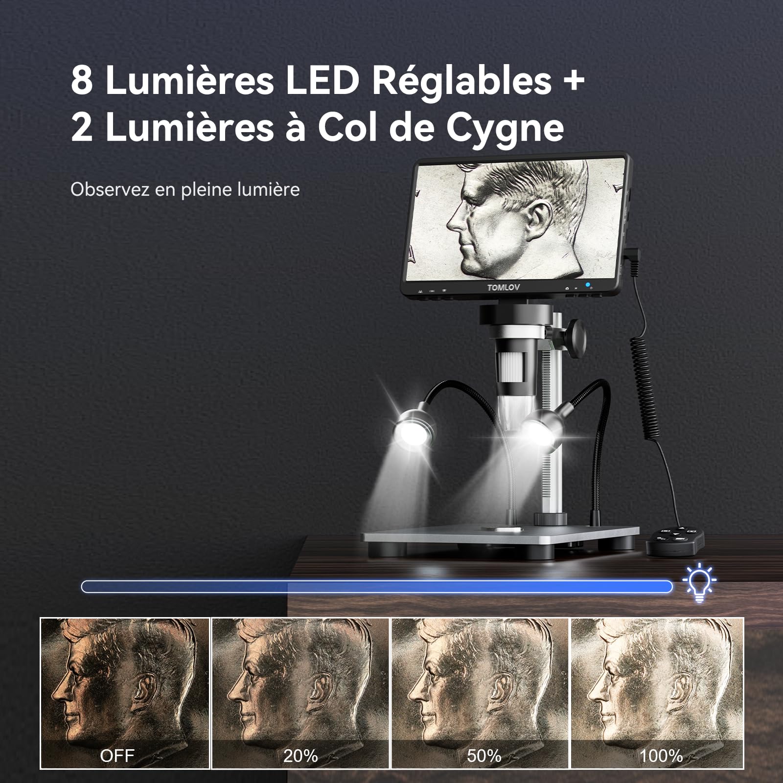 TOMLOV DM9 7" LCD Microscope Numérique, 12MP Magnification Loupe à Pièces 1200X, Cadeau pour Les Collectionneurs Adultes, Support Métallique, Éclairage LED Flexible, Compatible Windows/Mac OS, 32Go